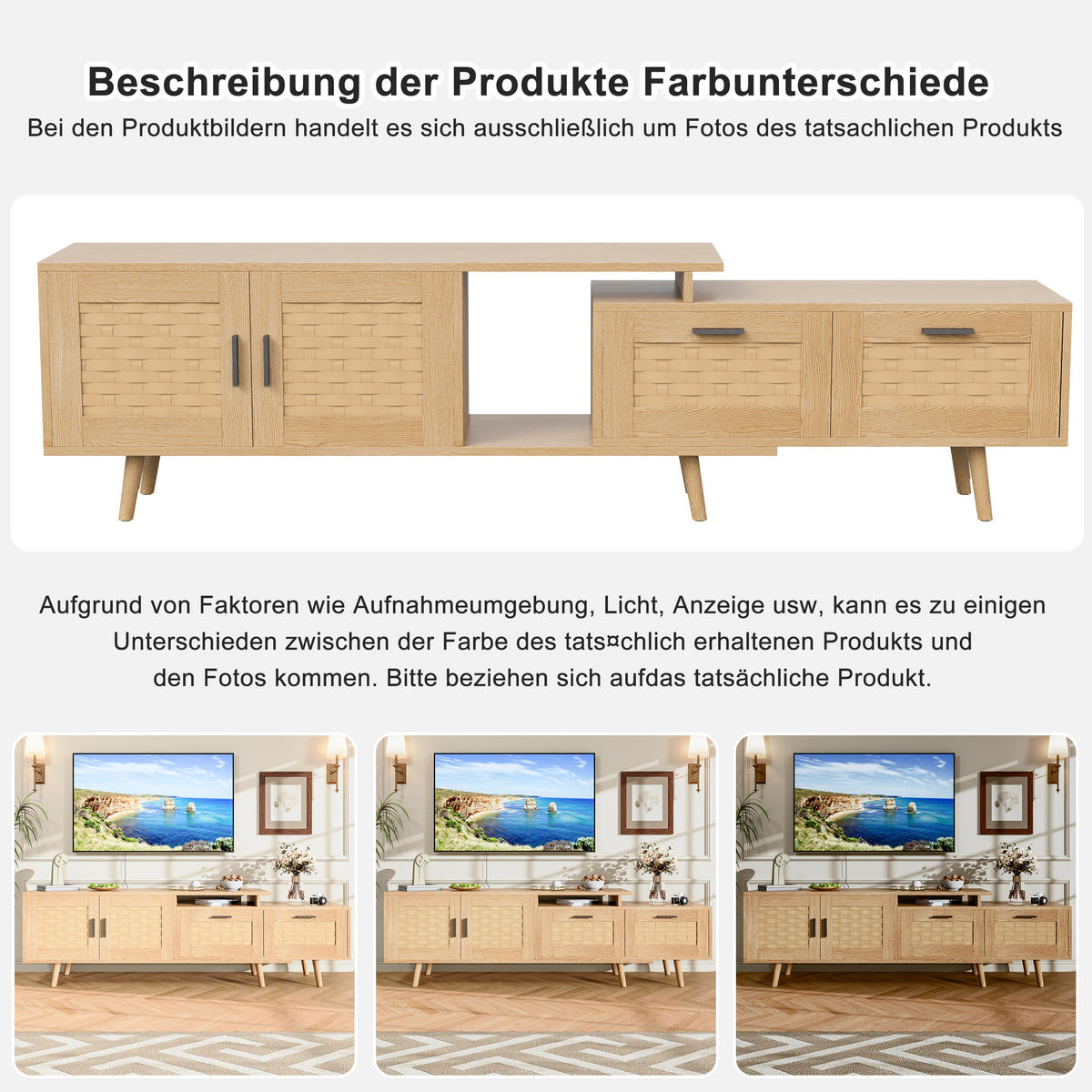TV-LOWBOARD ausziehbar 146–180 cm, Eiche-Optik mit Rattan-Fronten & Stauraum - Braun, Holzwerkstoff (29.8/44/169cm) - SHOPENTRA