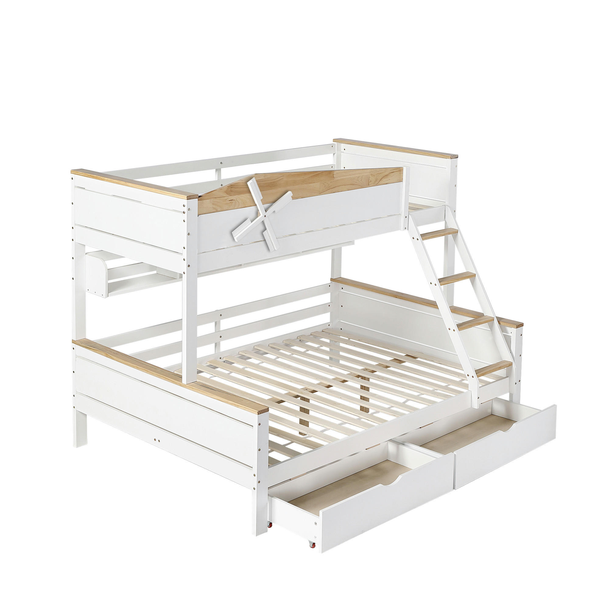 ETAGENBETT Kinderbett 90x200 & 140x200 mit Windmühle, Schrägleiter, Schubladen und Regalen, aus Kiefer MDF, weiß-natur - Weiß, Holz (140/200cm) - Luhomfu