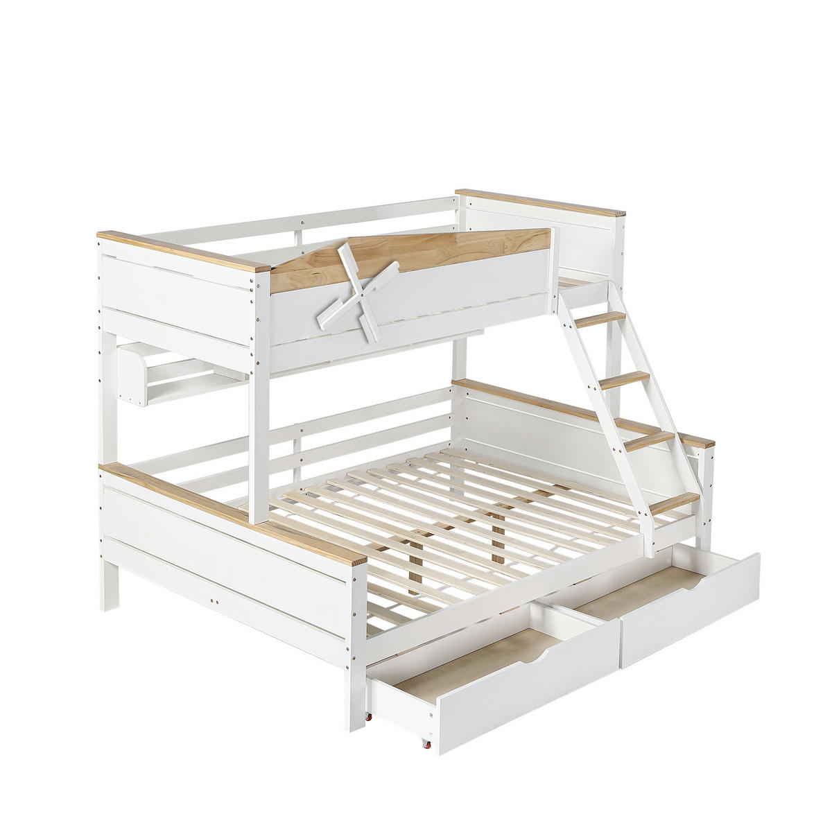 ETAGENBETT 90/200 cm & 140/200 cm in Weiß & Natur mit Regalen, 2 Schubladen und Schrägleiter - Weiß, Holz/Holzwerkstoff (140/200cm) - STILVORA