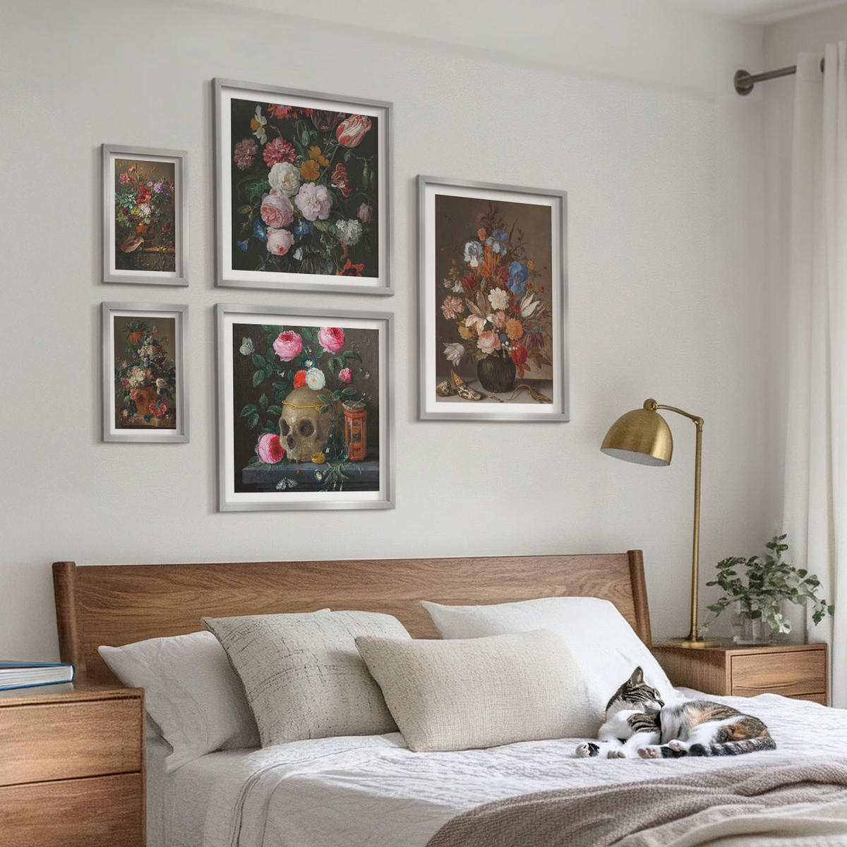 BILDER SET 5er Set - 50x50 cm & 20x30 cm & 40x60 cm Silberner Rahmen - Pfingstrosenporträt einer Frau für Zuhause - Silberfarben, Kunststoff (40/60cm) - TULUP