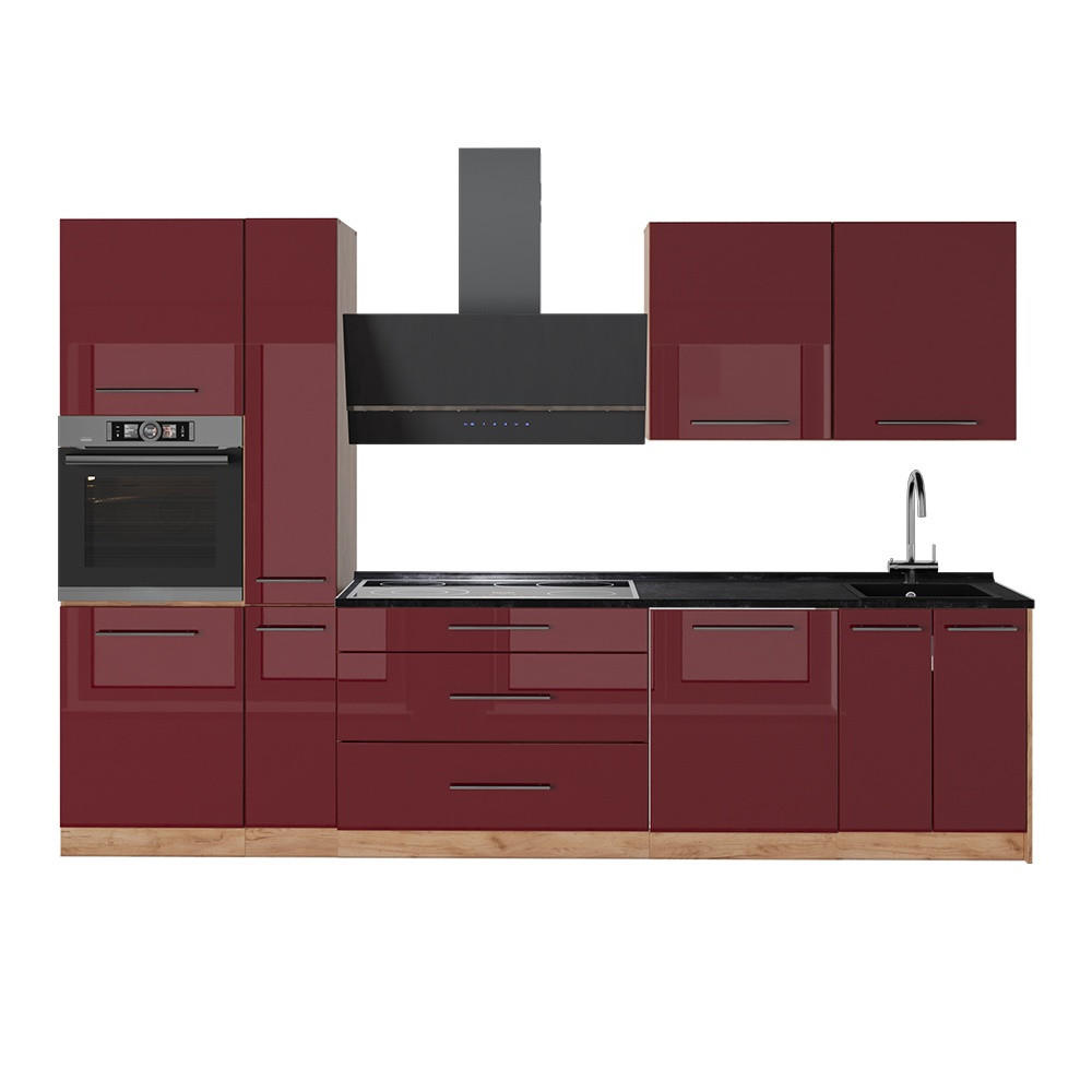KÜCHENZEILE Fame-Line, Bordeaux Hochglanz/Goldkraft Eiche, 310 cm, AP Anthrazit - Honigeiche/Bordeaux, Holzwerkstoff (310/206.8/60cm) - Vicco