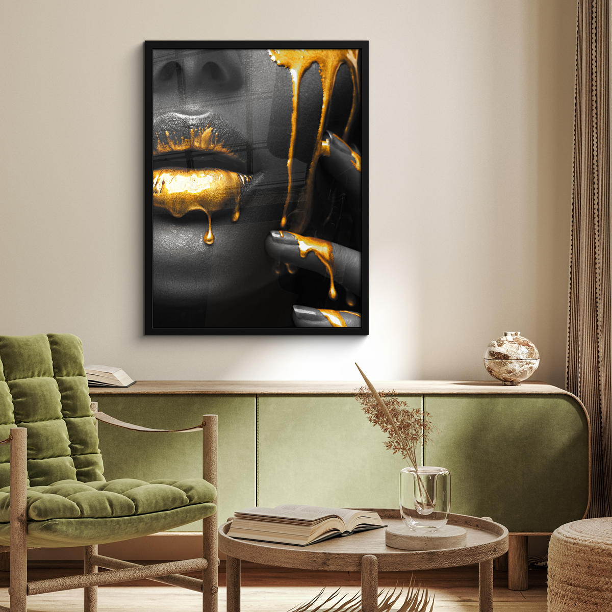 GERAHMTES BILD Frau - Schwarz - Gold - Gesicht - Lippen 60x80 cm - Goldfarben, Papier (60/80cm) - MuchoWow