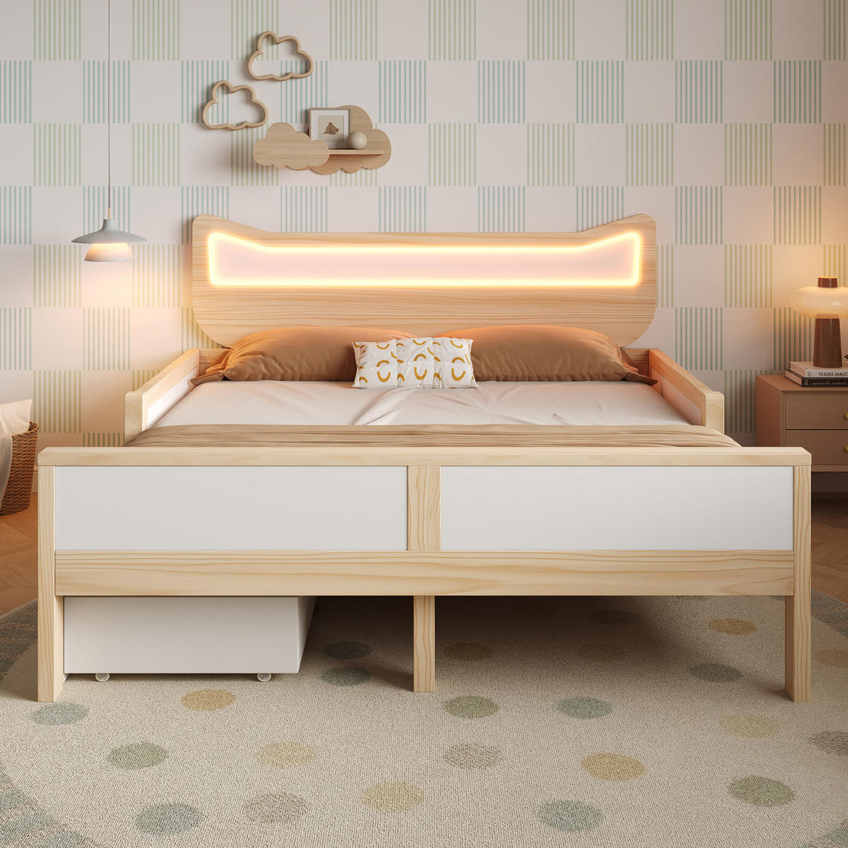 KINDERBETT 140/200 cm DE-00722, in Weiß & Eiche, LED Katzenohren und Schublade - Eichefarben, Holz (140/200cm) - ComfortXL