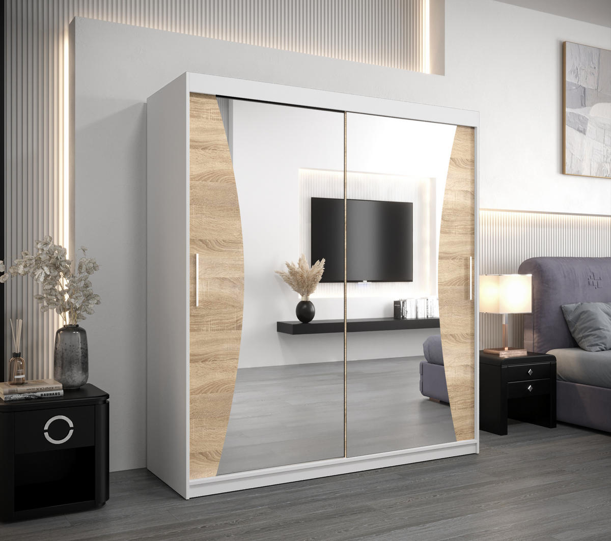 SCHWEBETÜRENSCHRANK 200/180/62 2-türig - Silberfarben/Weiß, Holz/Kunststoff (180/200/62cm) - Abiks Möbel