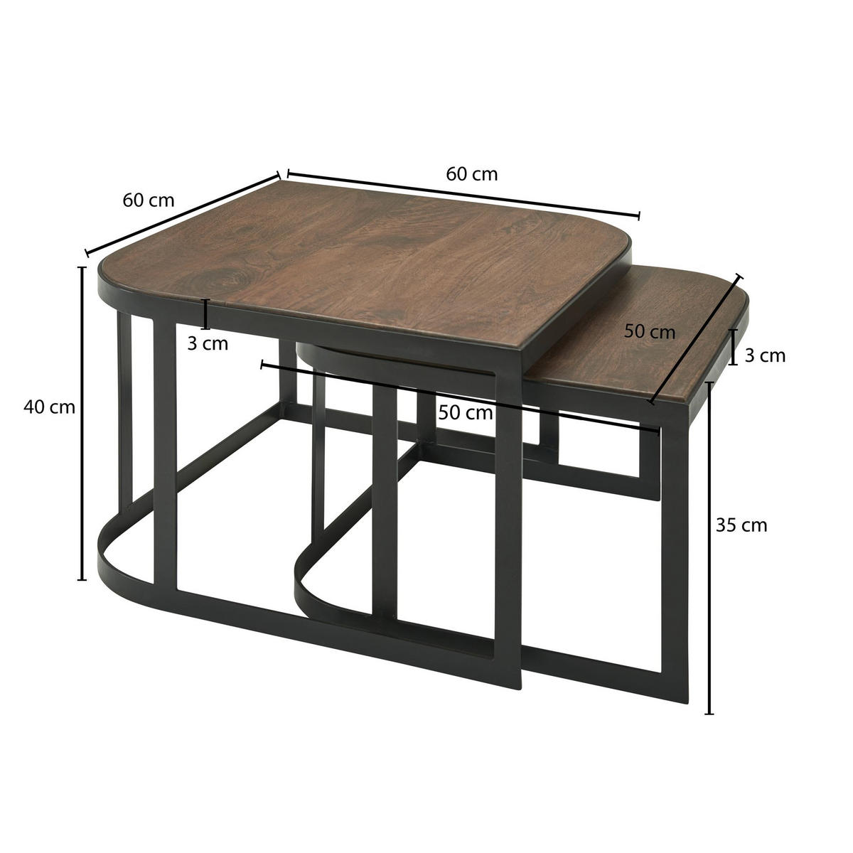 BEISTELLTISCH 2er Set Mango Massivholz Eisen Abgerundete Ecken TIMAVO, Schwarz - Schwarz, Holz/Metall (60/60/40cm) - KADIMA DESIGN