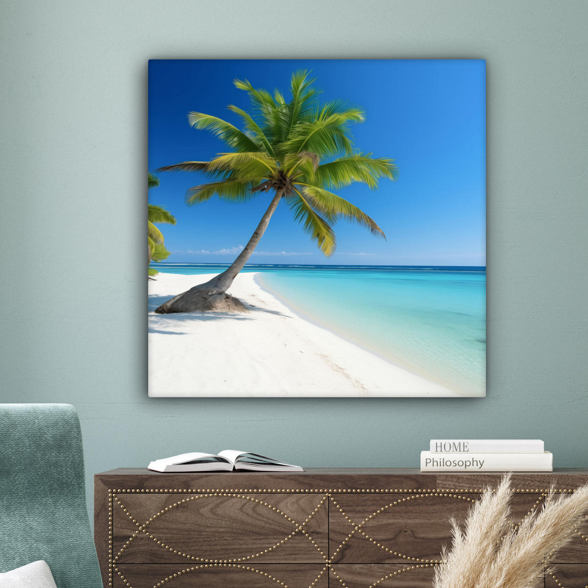 LEINWANDBILD Strand - Palme - Tropisch - Meer 90x90 cm - Grün, Textil (90/90cm) - MuchoWow
