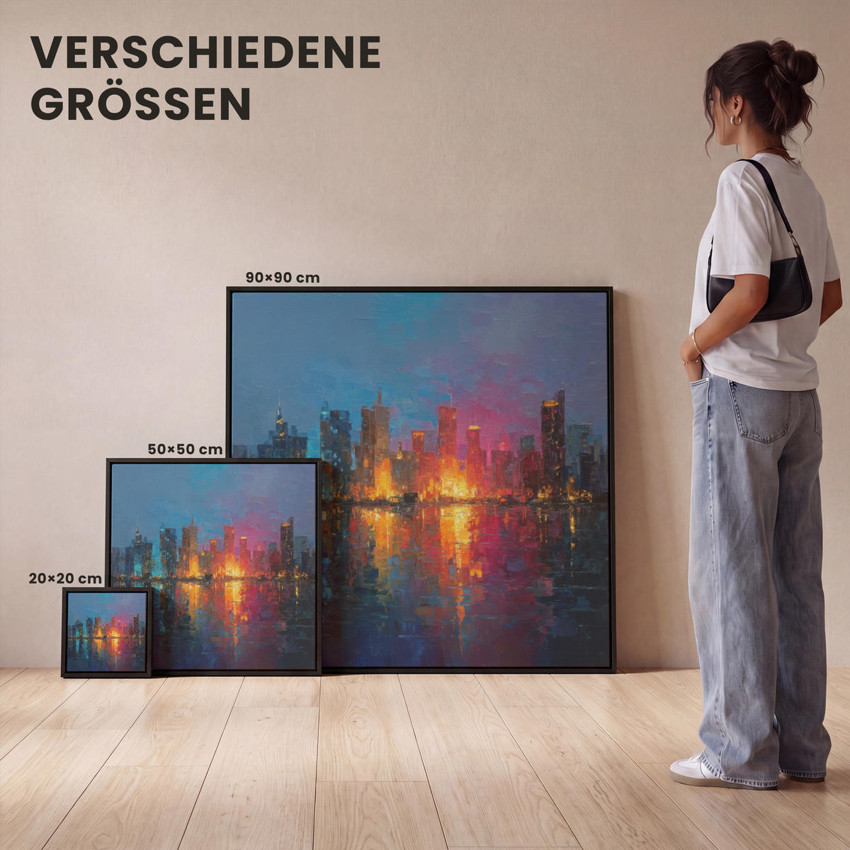 LEINWAND Bilder mit Rahmen - Skyline - Pinselstriche - Dunkelblau - Leuchtend - 90x90 - Blau, Textil (90/90cm) - MuchoWow