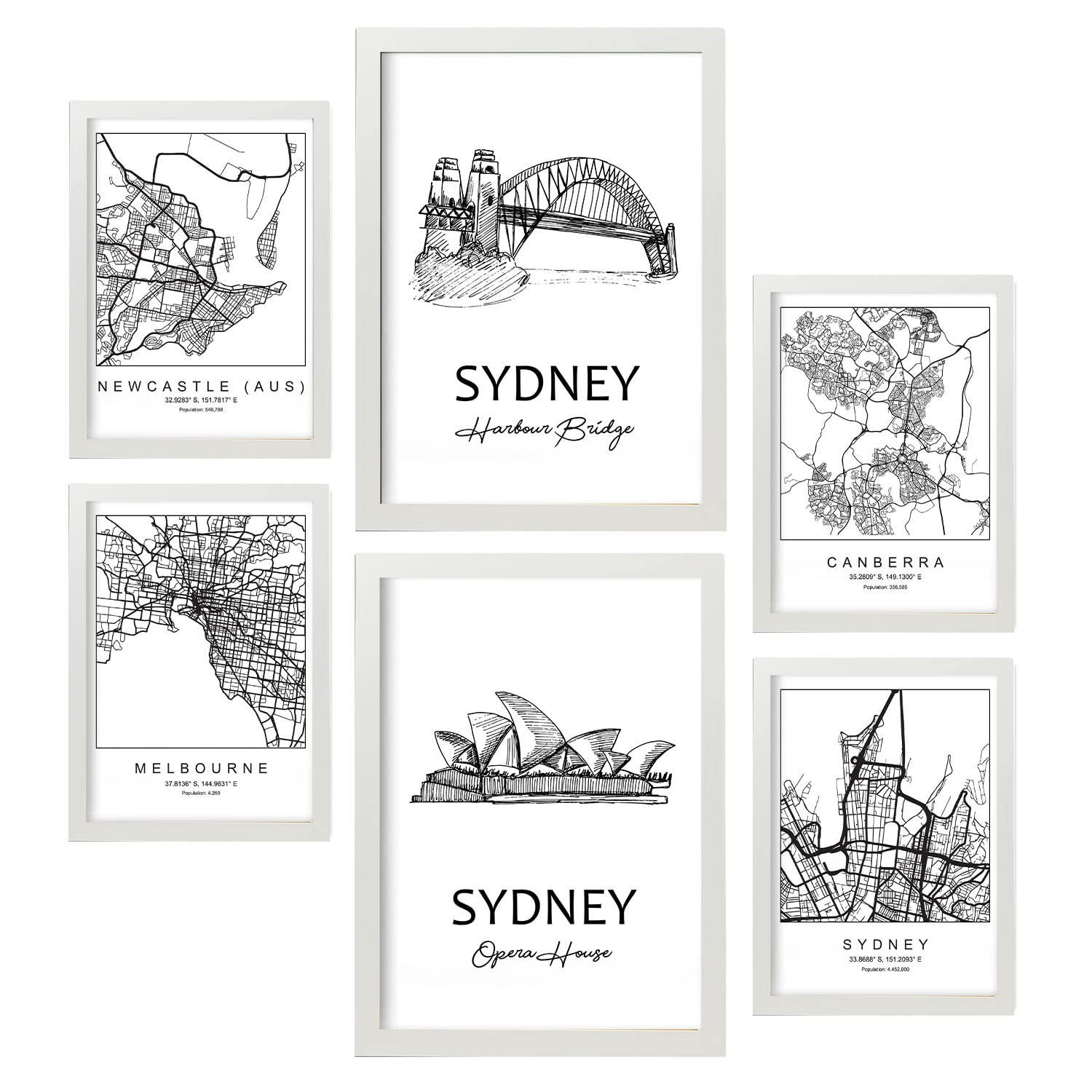 POSTER Set Mit 6 Drucke Von Australien Von Karten In Schwarz Weiß A3 & A4 Weißer Rahmen - Weiß, Papier (29/3cm) - Nacnic