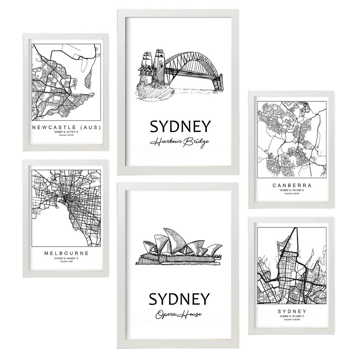 POSTER Set Mit 6 Drucke Von Australien Von Karten In Schwarz Weiß A3 & A4 Weißer Rahmen - Weiß, Papier (29/3cm) - Nacnic