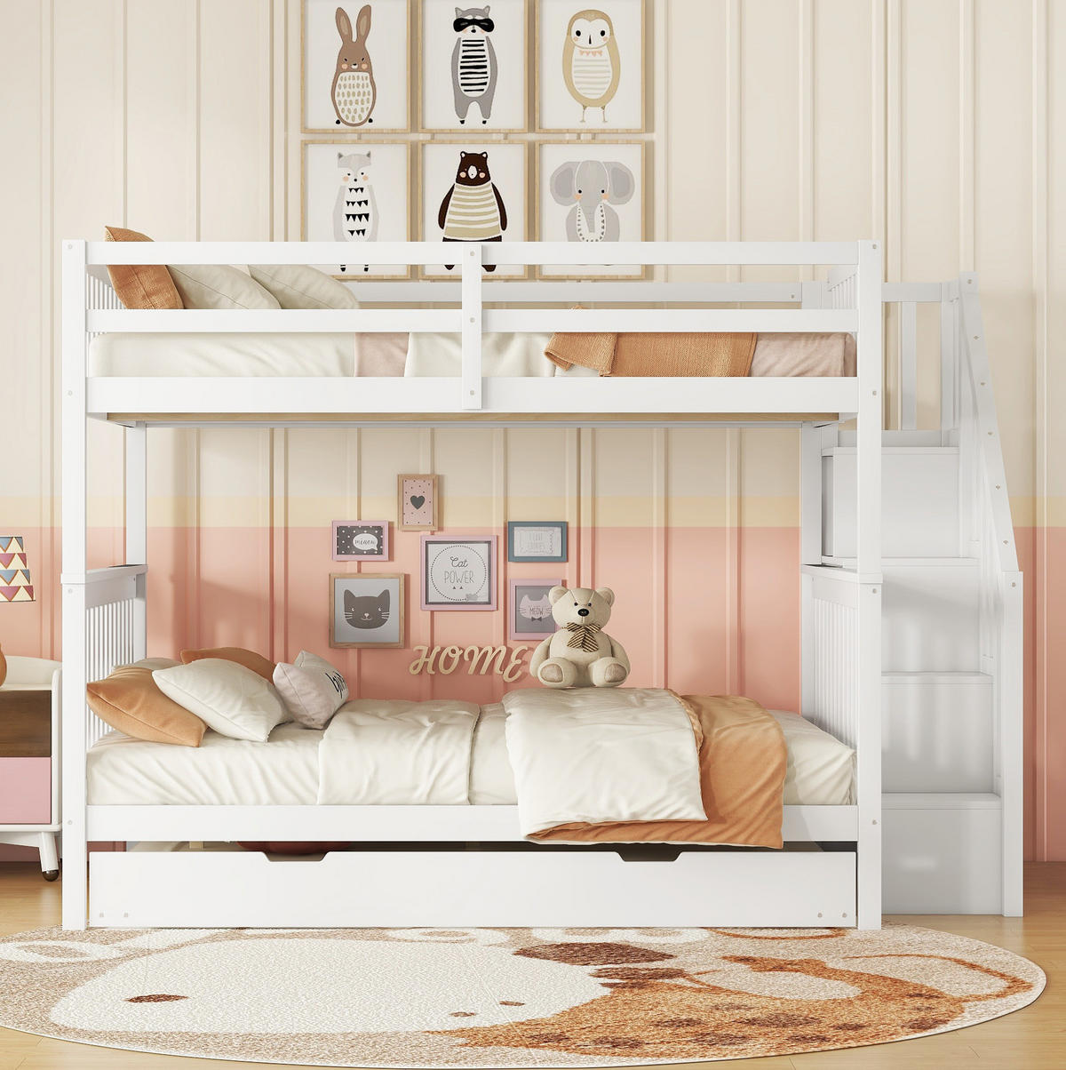 ETAGENBETT 140/200 cm in Weiß mit Treppenregal und Rollbett - Weiß, Holz (140/200cm) - OKMYHOME