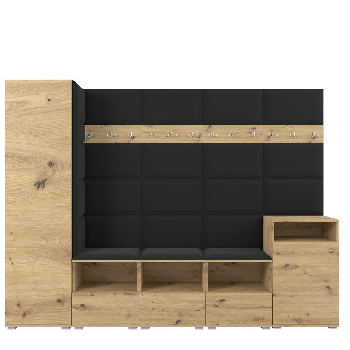 GARDEROBE NELA XI 250 cm (Modulare Flurmöbel Artisan Eiche mit Sitzpolster Schwarz 16 Großes Set) - Silberfarben/Schwarz, Holz/Holzwerkstoff (250/187/40cm) - Ravio