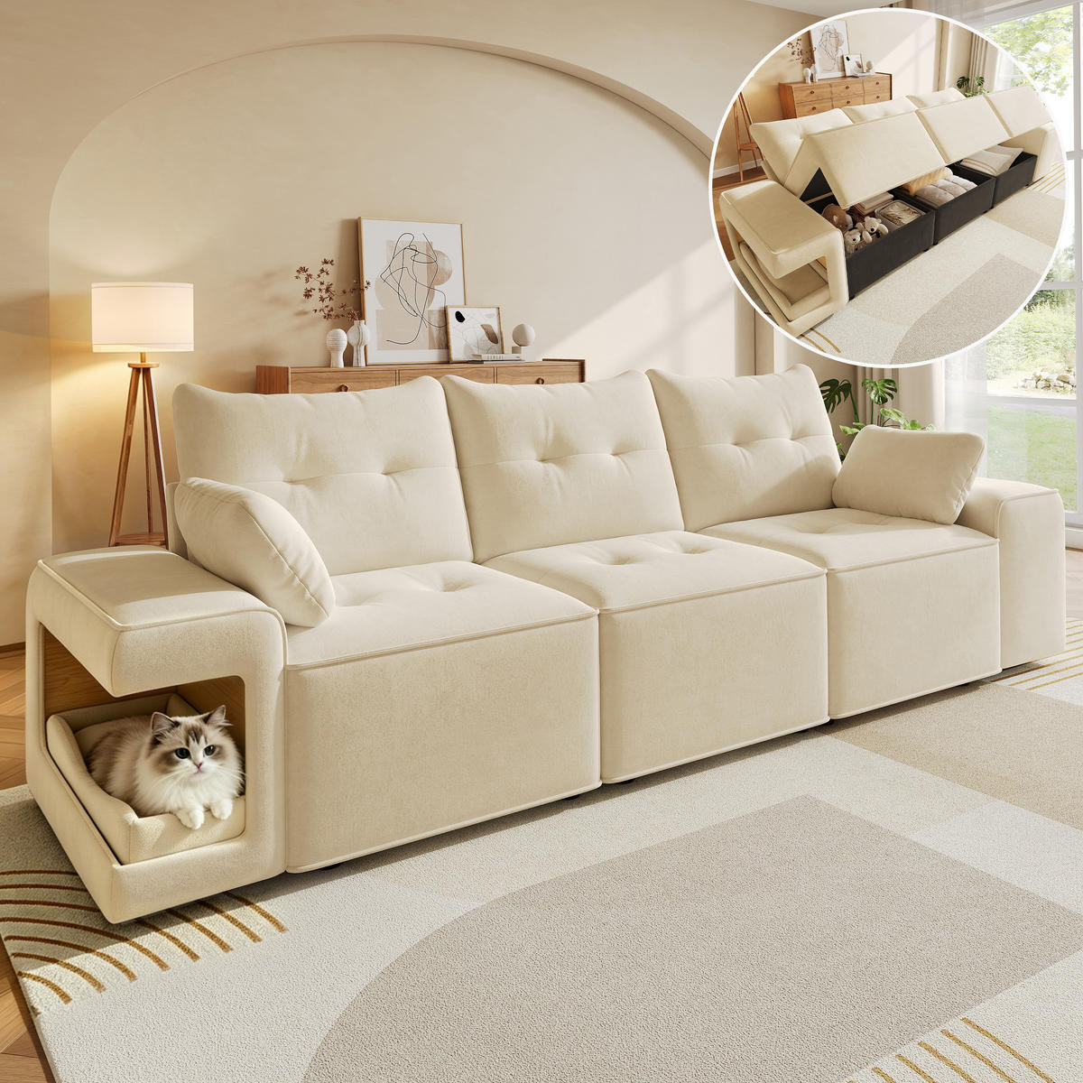 SOFA Beige 3 Sitzer Stauraum breite Armlehnen Kissen - Beige, Textil (78/84/229.5cm) - FLIEKS