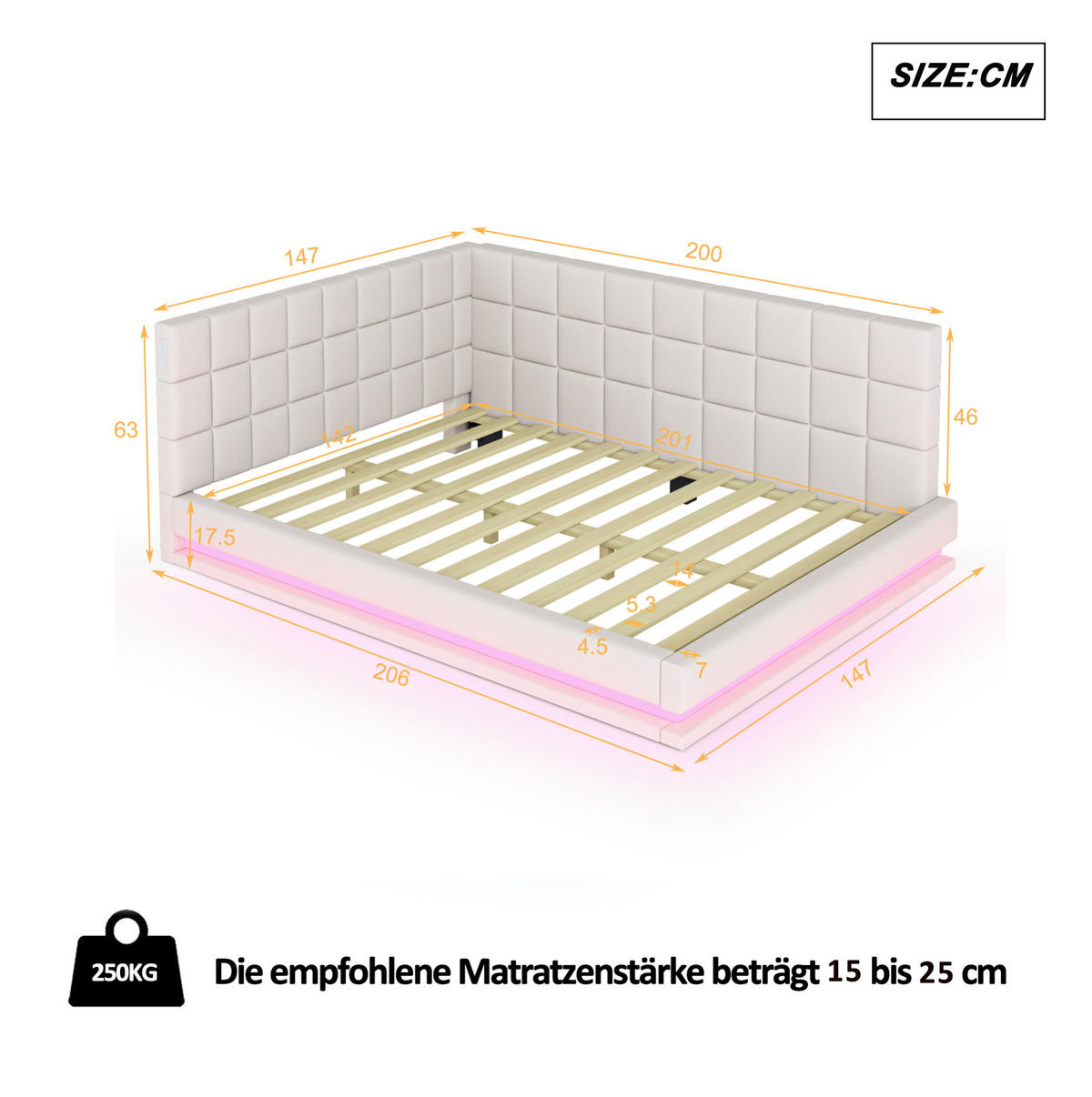 POLSTERBETT 140/200 cm Beige aus Leinen mit LED-Lichtleiste und USB-Steckdose - Beige, Leder (140/200cm) - OKMYHOME