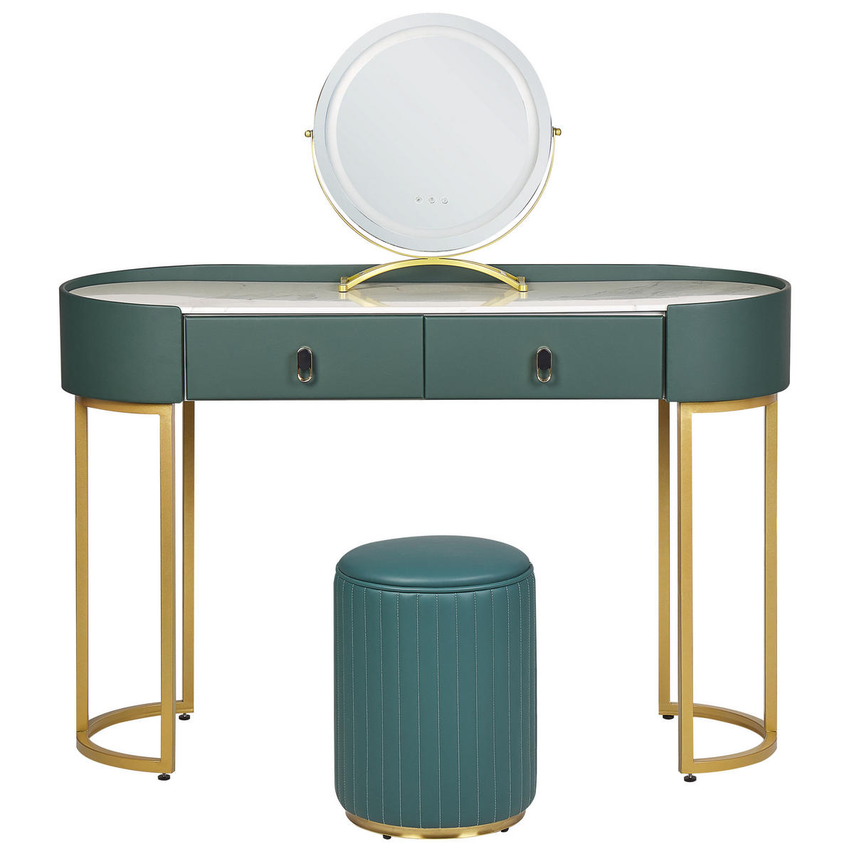 SCHMINKTISCH mit rundem LED-Spiegel Hocker 2 Schubladen dunkelgrün/gold Vinax - Goldfarben/Grün, Holzwerkstoff (118/125/39cm) - Beliani