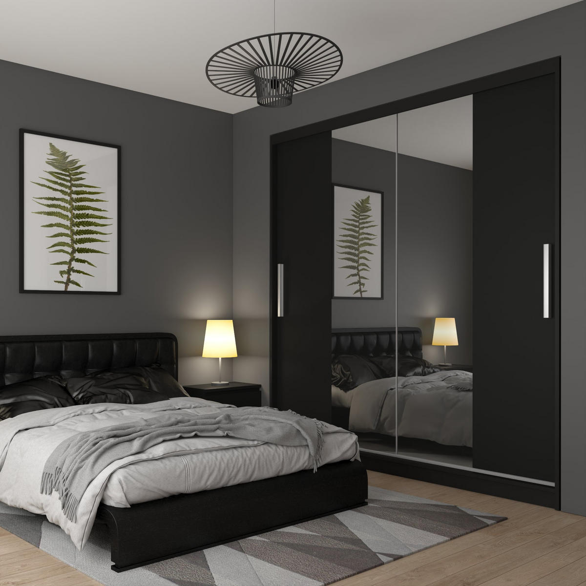 SCHWEBETÜRENSCHRANK Verona ME, Schwarz Matt, 200 cm, mit Spiegel - Schwarz, Holz (200/216/60cm) - B BELINI GROUP
