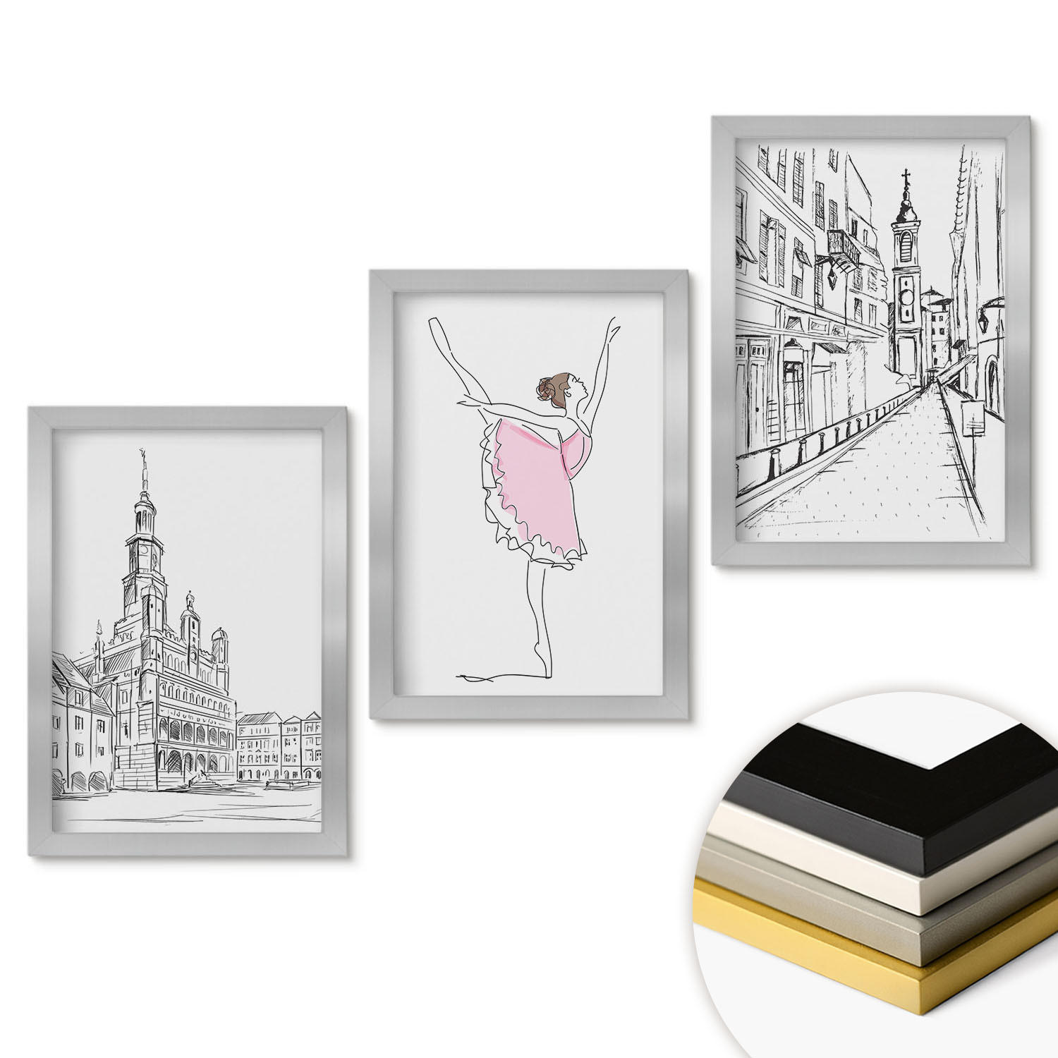 WANDBILDER 3er Set - 20x30 cm Silberner Rahmen - Stilvolle Ballerinen und Architektur - Silberfarben, Kunststoff (20/30cm) - ArtPrintCave
