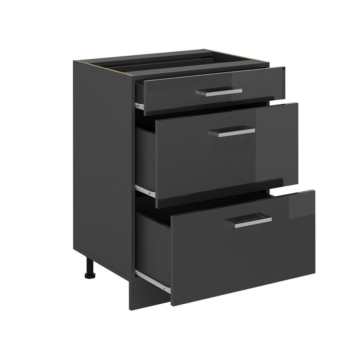 KÜCHENUNTERSCHRANK R-Line Anthrazit Hochglanz 60 cm mit Schubladen, AP Eiche - Schwarz Hochglanz/Anthrazit, Holzwerkstoff (60/81.6/60cm) - Vicco