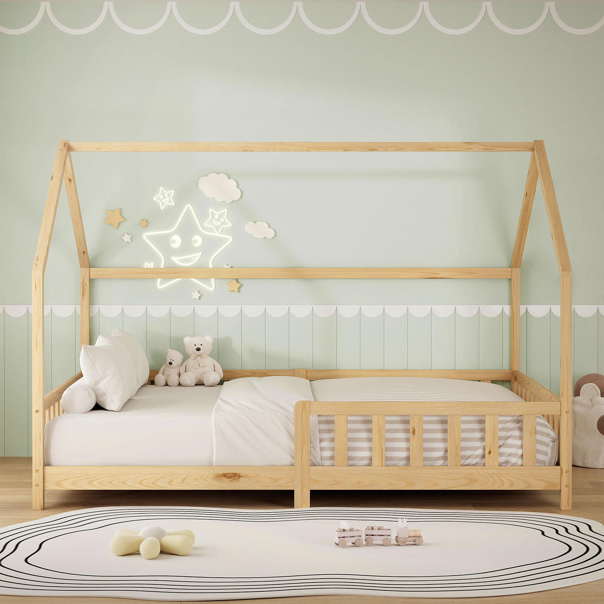 DĚTSKÁ POSTEL 140x200 cm s ochrannou bočnicí, přírodní, z masivního borového dřeva - přírodní, dřevo (140/200cm) - ML-DESIGN