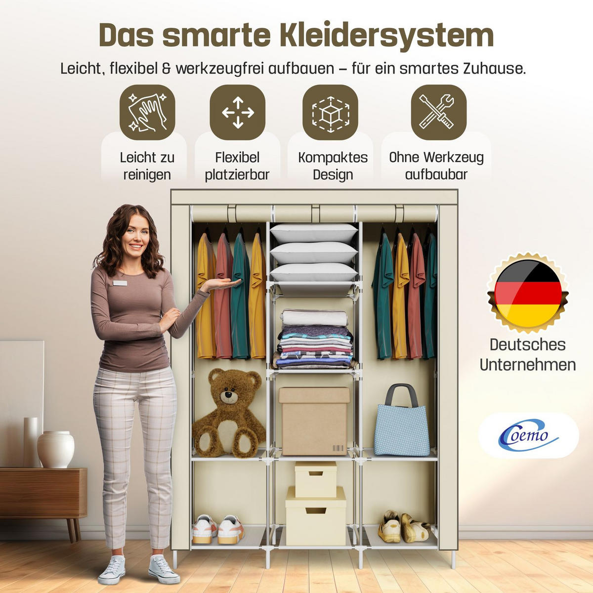 STOFFSCHRANK Kleiderschrank, 2 Kleiderstangen, 130/45/175 cm, Farbe: Beige - Beige, Textil (45/175/130cm) - Coemo