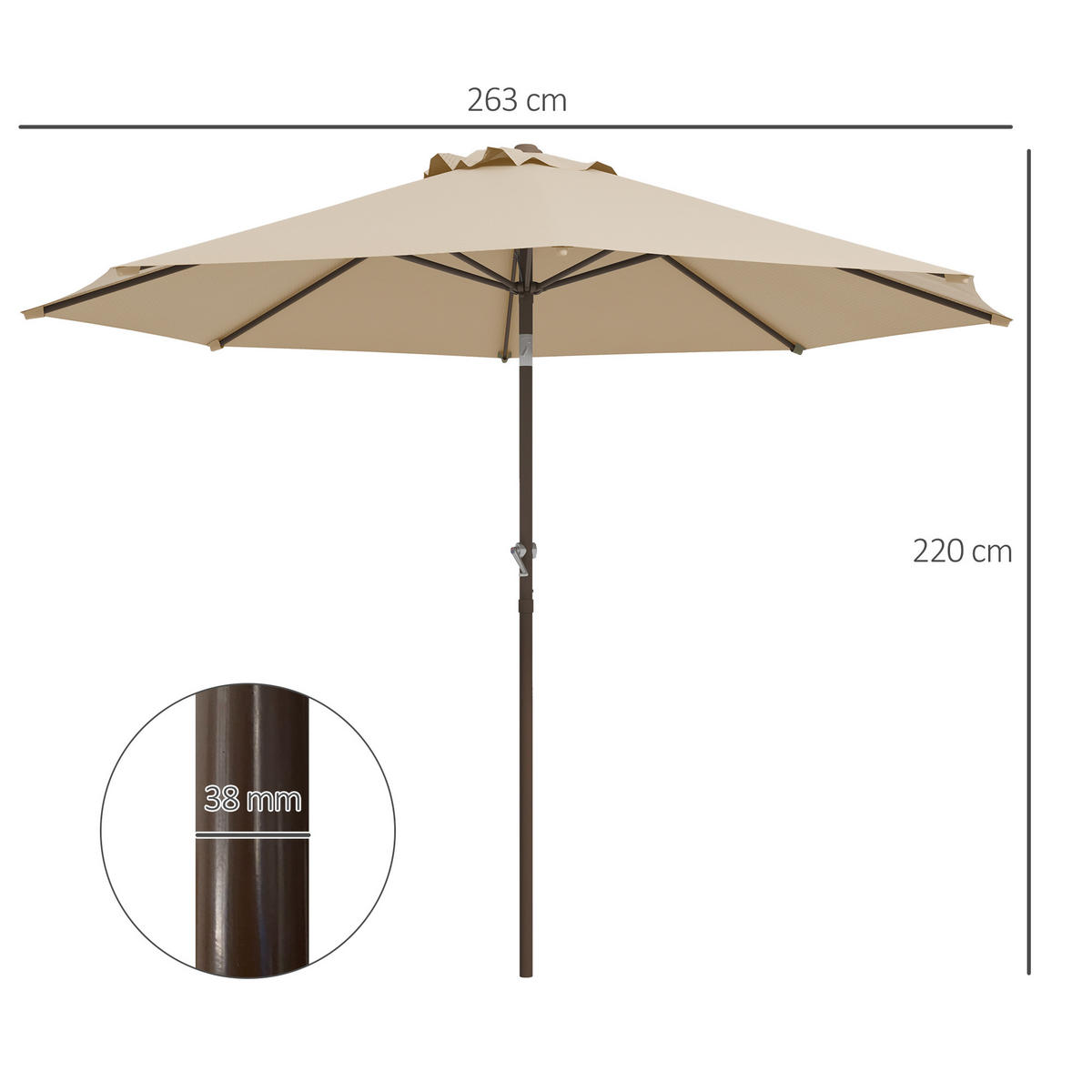 SONNENSCHIRM DE-11459 neigbar, mit Kurbel, Ø 2,63 m Beige - Mokka, Textil (263/263cm) - ComfortXL