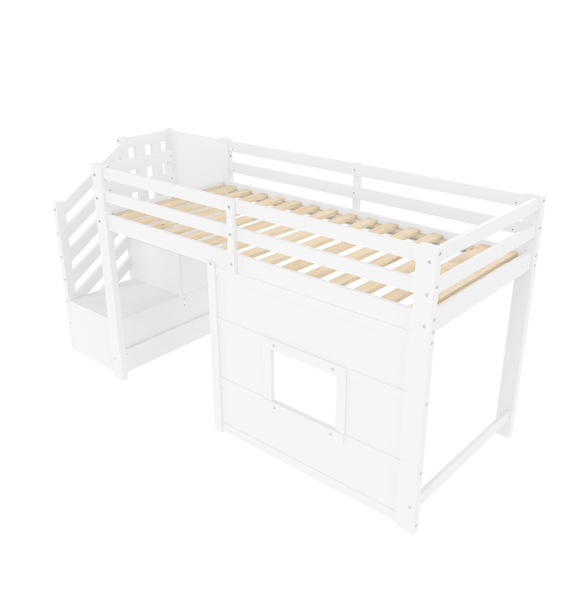 HOCHBETT 90/200 cm, Weiß mit Stauraumtreppe, Fenster und LED - Weiß, Holz (90/200cm) - MIVRAY