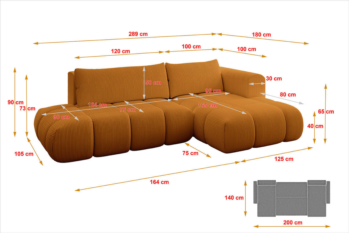 ECKSOFA Ottomane Rechts CLOUD-L 289x180x40 Senfgelb Cord - Currygelb, Holzwerkstoff/Kunststoff (289/180cm) - ALTDECOR