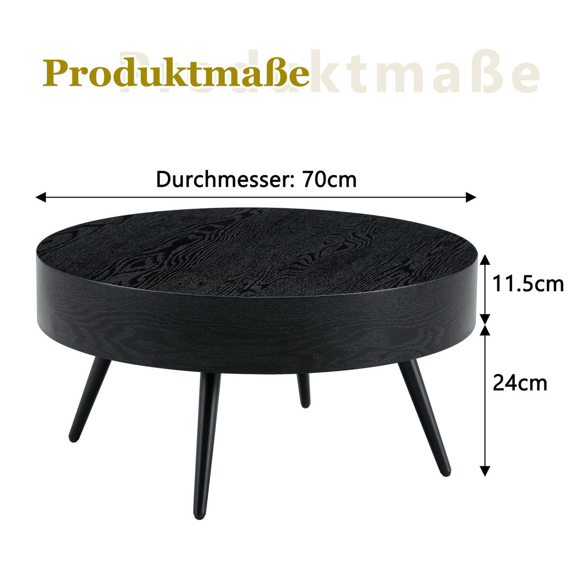 RUNDER COUCHTISCH Holzoptik Schwarz - Schwarz, Metall (70/70/35.5cm)