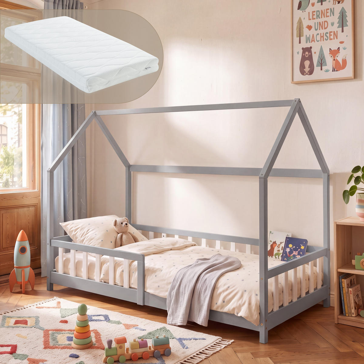 HAUSBETT Hesel mit Matratze - Grau, Holz/Textil (90/200cm) - [en.casa]