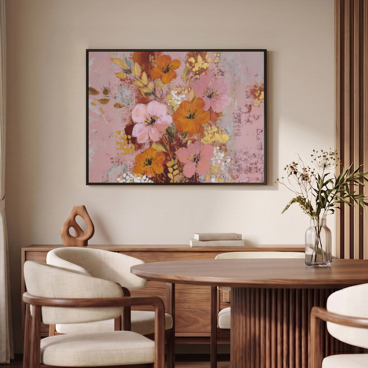 LEINWAND Bilder mit Rahmen - Malerei - Blumen - Rustikal - Rosa - 100x70 - Altrosa, Textil (100/70cm) - MuchoWow