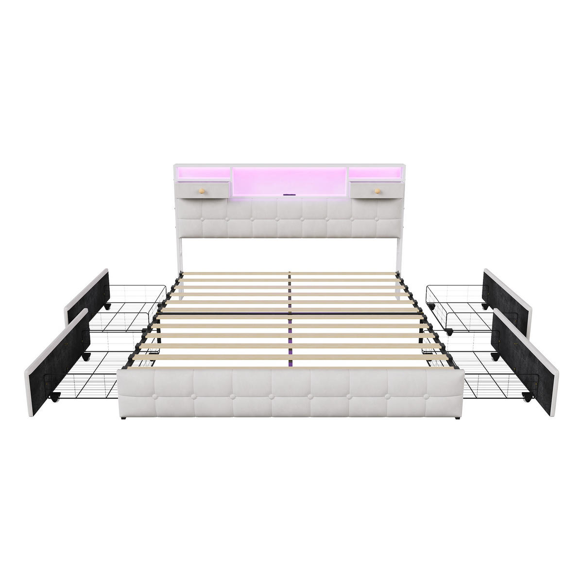 STAURAUMBETT 160/200 cm aus Samt, mit 4 seitlichen Schubladen + 2 Kopfteil-Schubladen, LED und USB-Anschluss, Beige - Beige, Holzwerkstoff (140/200cm) - Brevoria