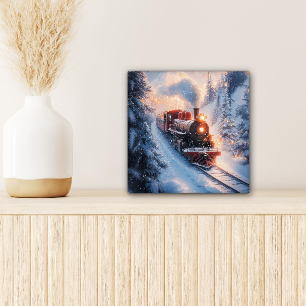 LEINWANDBILD Weihnachtszug - Schnee - Winter - Weihnachten 20x20 cm - Dunkelrot, Textil (20/20cm) - MuchoWow