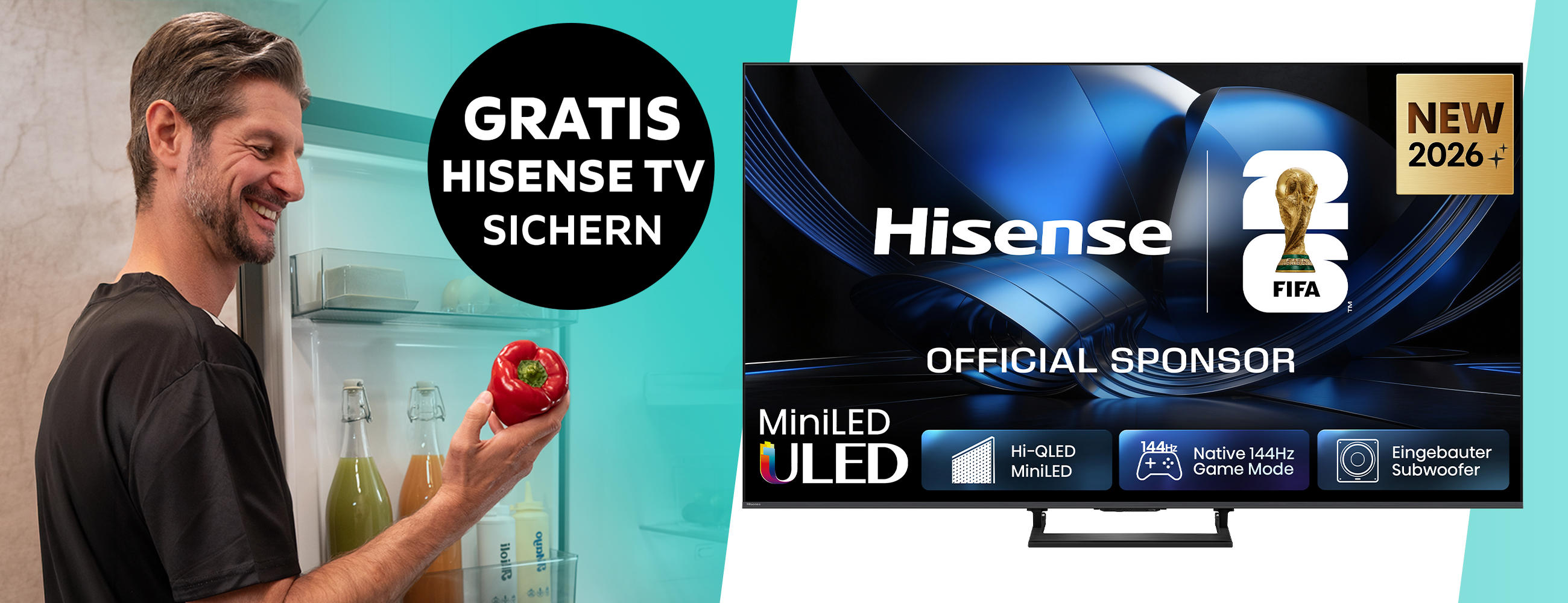GRATIS Hisense TV sichern; Mann freut sich über frisches Gemüse aus dem Kühlschrank; Produkt-Freisteller von modernem Fernseher von Hisense