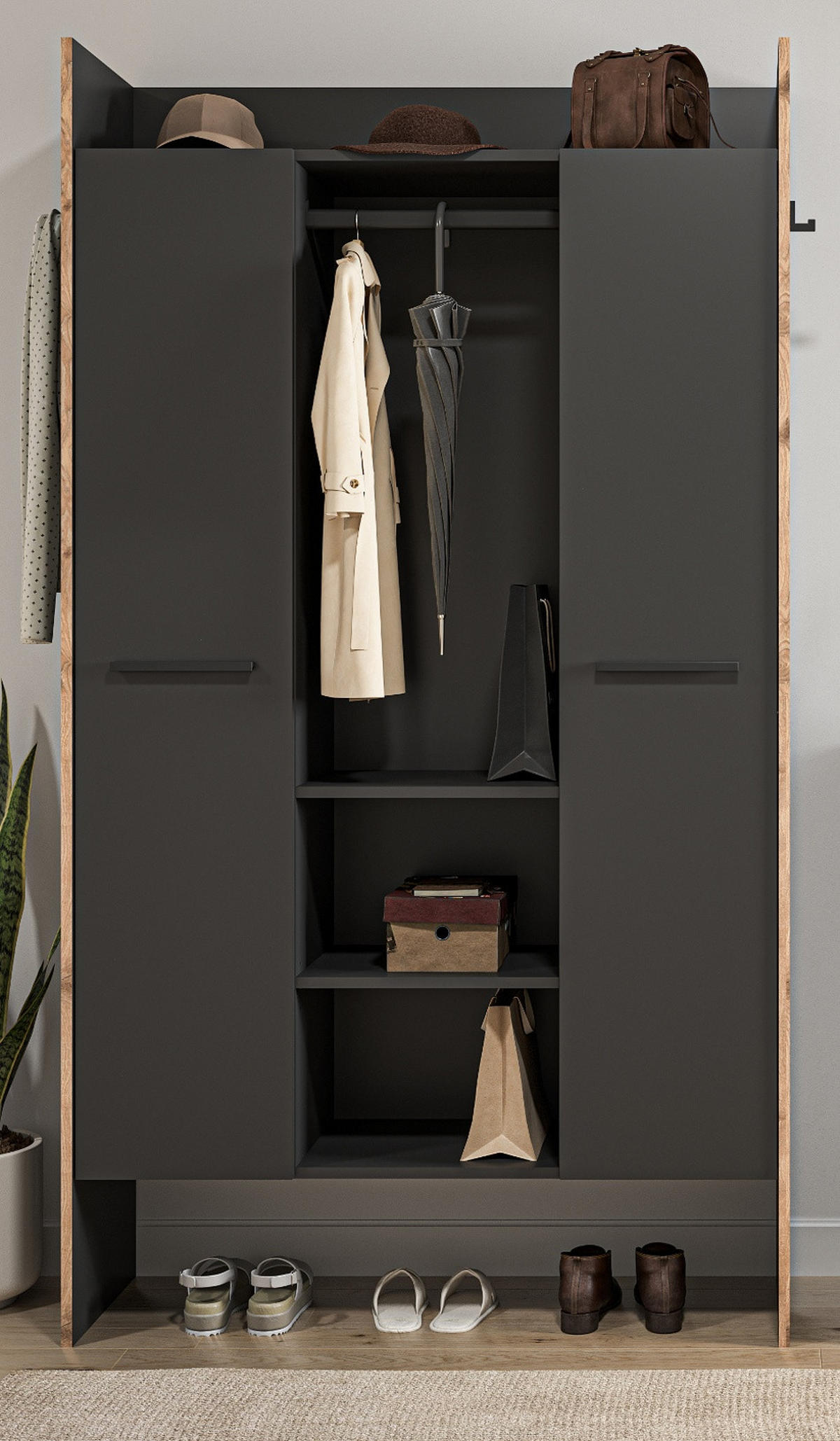 GARDEROBE grau und Nox Eiche, Kompaktgarderobe 105 x 189 cm, Salud - Dunkelgrau/Schwarz, Holzwerkstoff/Kunststoff (105/189/37cm) - Inn.Furn