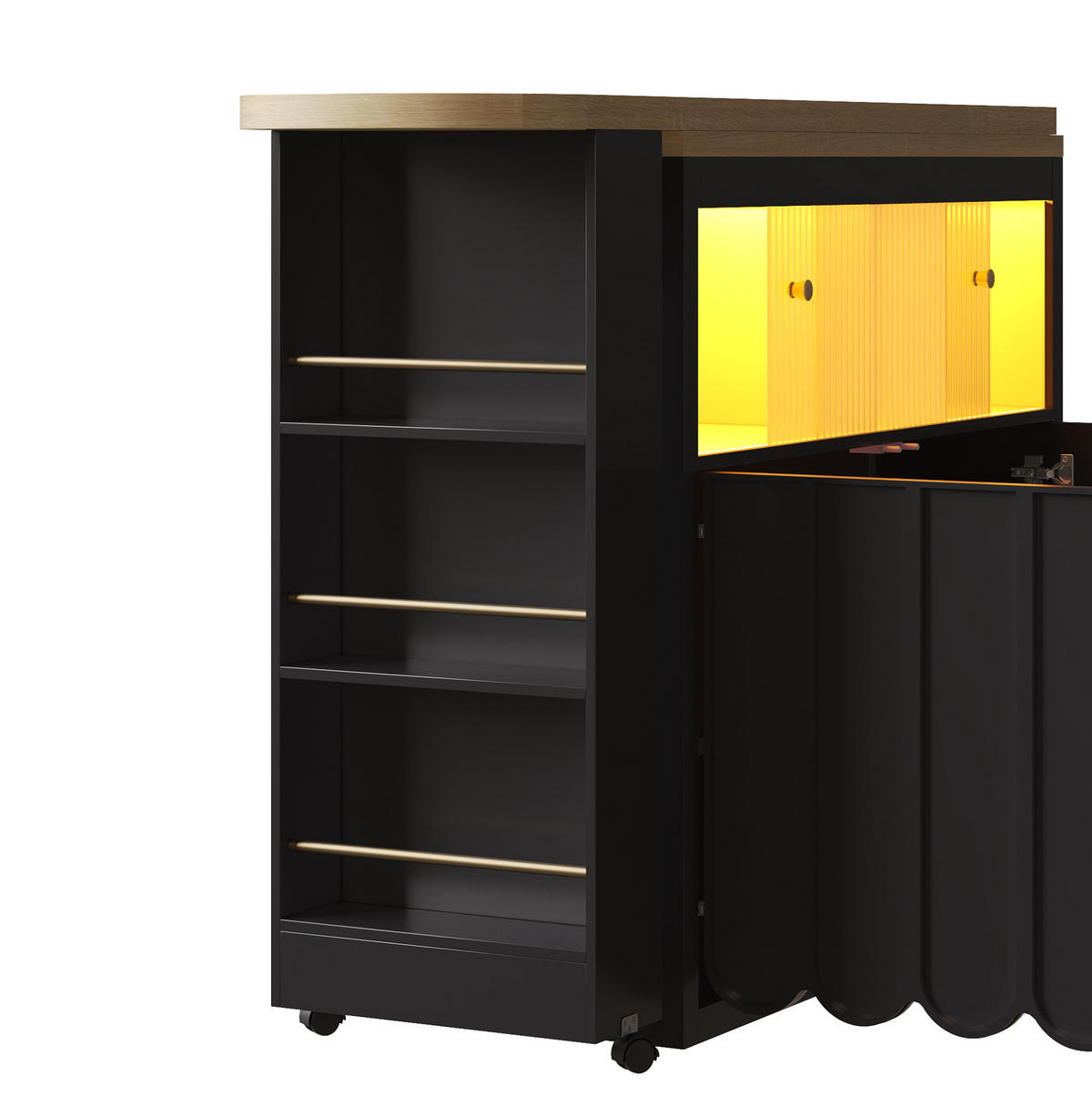 AUSZIEHBARER Barschrank mit LED & Stauraum, 135-205/39/100 cm, Schwarz, mit USB-Anschluss - Schwarz, Holzwerkstoff (39/100/135cm) - Redom