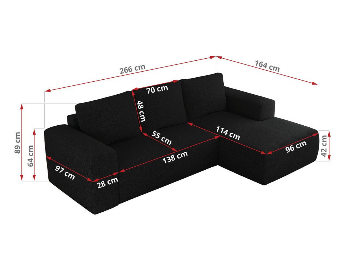 ECKSOFA TRENTINO L Schwarz Boucle - Rechts - Schwarz, Textil (164/266cm) - MKS
