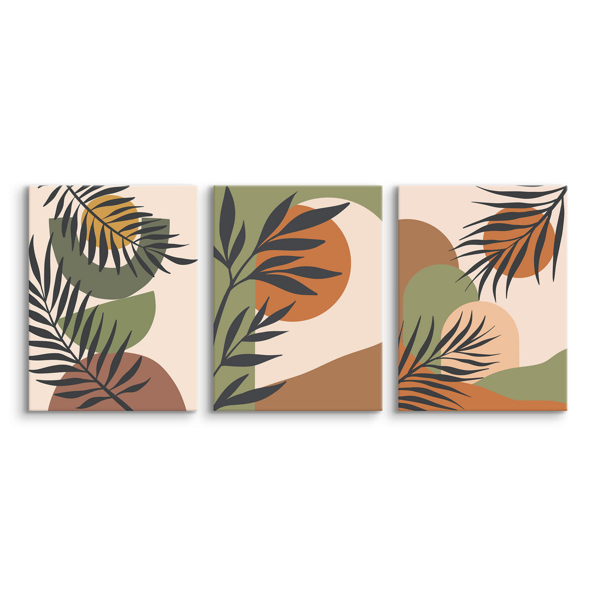 LEINWANDBILDER 3-er Set Blätter Boho - Beige/Schwarz, Textil (90/40cm) - Muralo