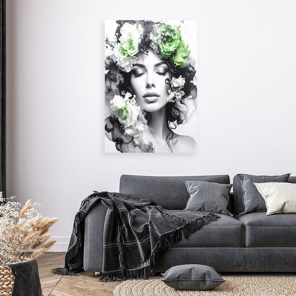 LEINWANDBILD Porträt einer Frau mit grünen Blumen auf dem Kopf 70x100cm - Schwarz, Textil (70/100cm) - Feeby