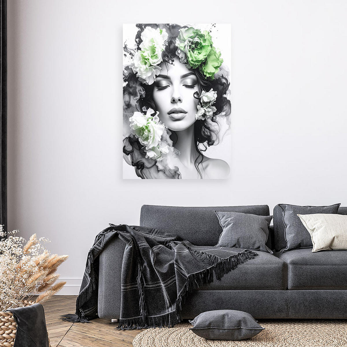 LEINWANDBILD Porträt einer Frau mit grünen Blumen auf dem Kopf 70x100cm - Schwarz, Textil (70/100cm) - Feeby