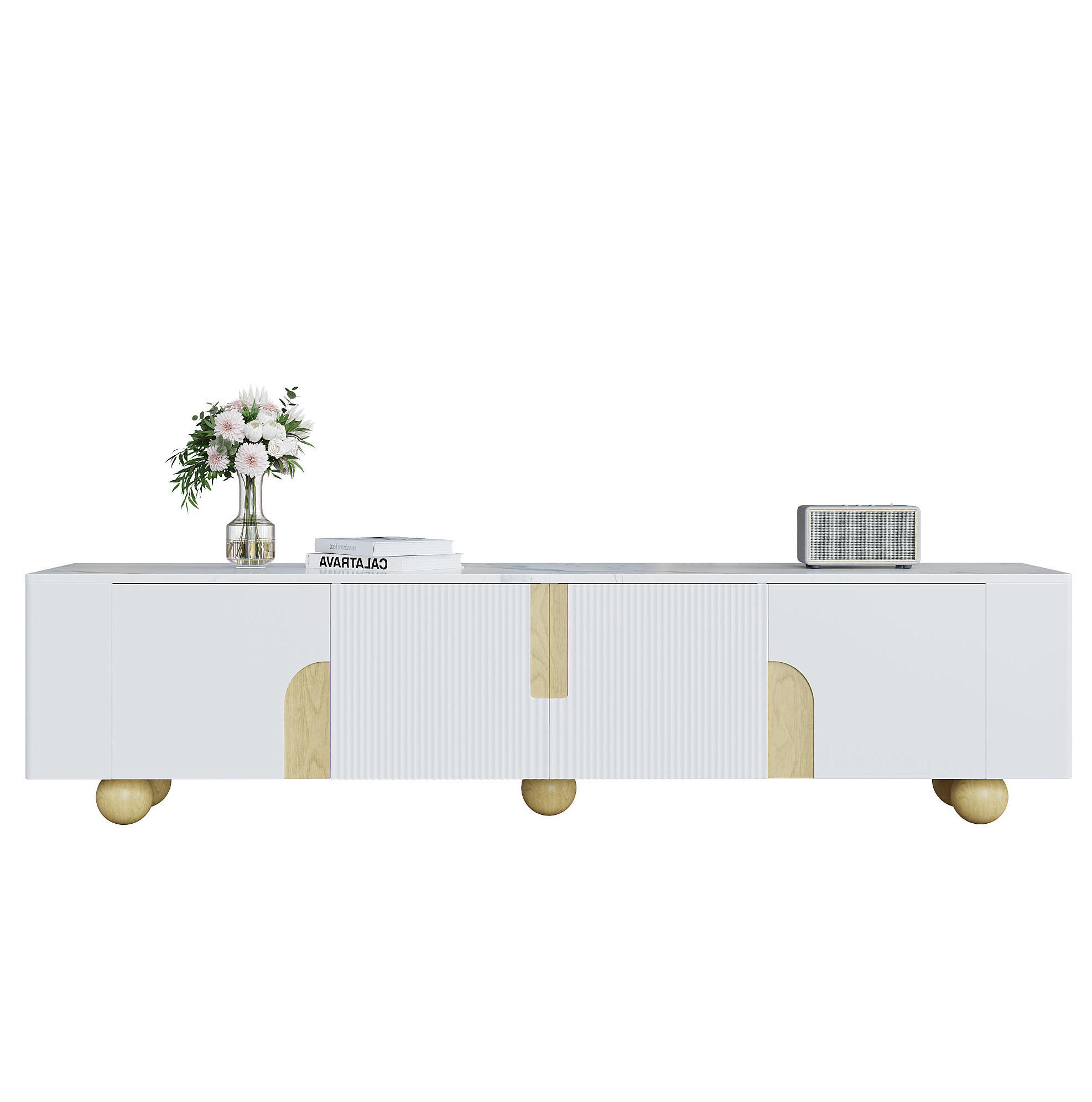 OKWISH TV skříň 180/40/44 cm bílá s dřevem z MDF a dřevotřískové desky s mramorovým dekorem