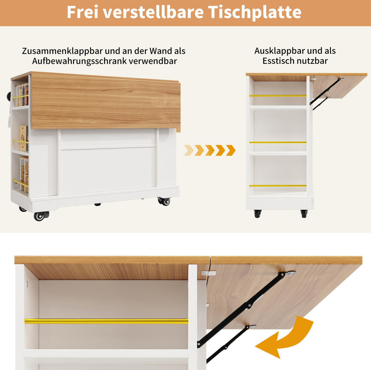 KUHINJSKI otok 120/65/90 cm bijeli MDF, raztegljiv s prostorom za odlaganje - bijela, drvni materijal (120/90/65cm) - BEAOK