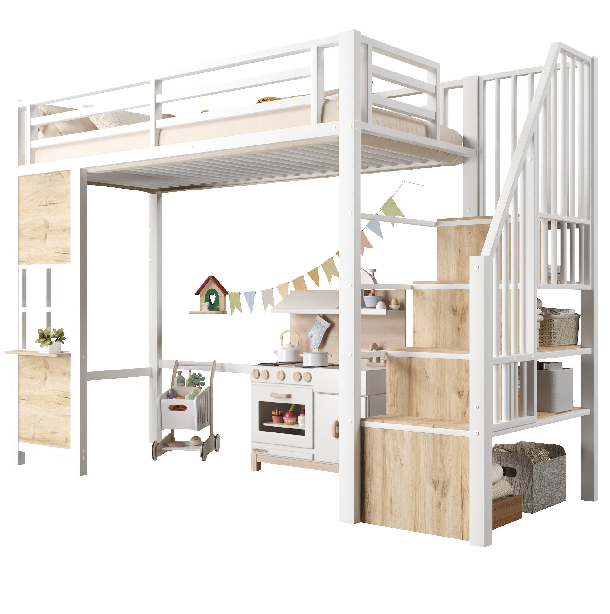 HOCHBETT 90/200 cm aus MDF und Metall mit Ablageleiter, Weiß - Weiß, Holzwerkstoff (90/200cm) - OKMYHOME
