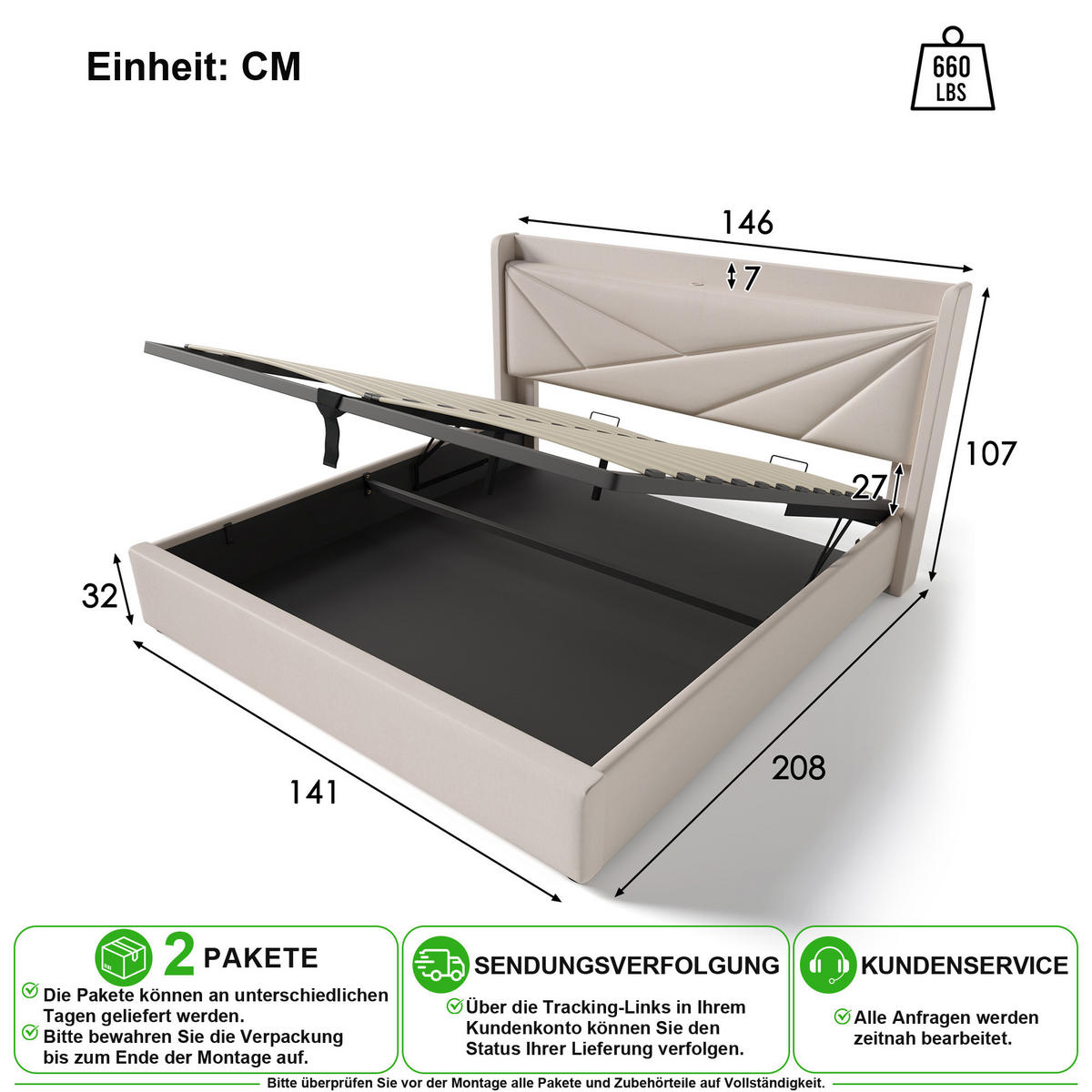 ČALOUNĚNÁ POSTEL 140/200 cm v béžové lněné látce s úložným prostorem, USB a Type-C - béžová, kov/kompozitní dřevo (140/200cm) - CHICFURN