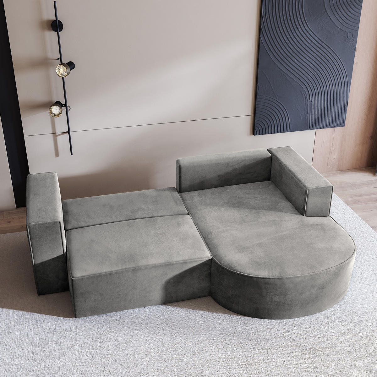 ECKSOFA SORELA M R-S Hellgrau Velours-Stoff mit Schlaffunktion - Hellgrau, Holz (263/174cm) - MASSENO