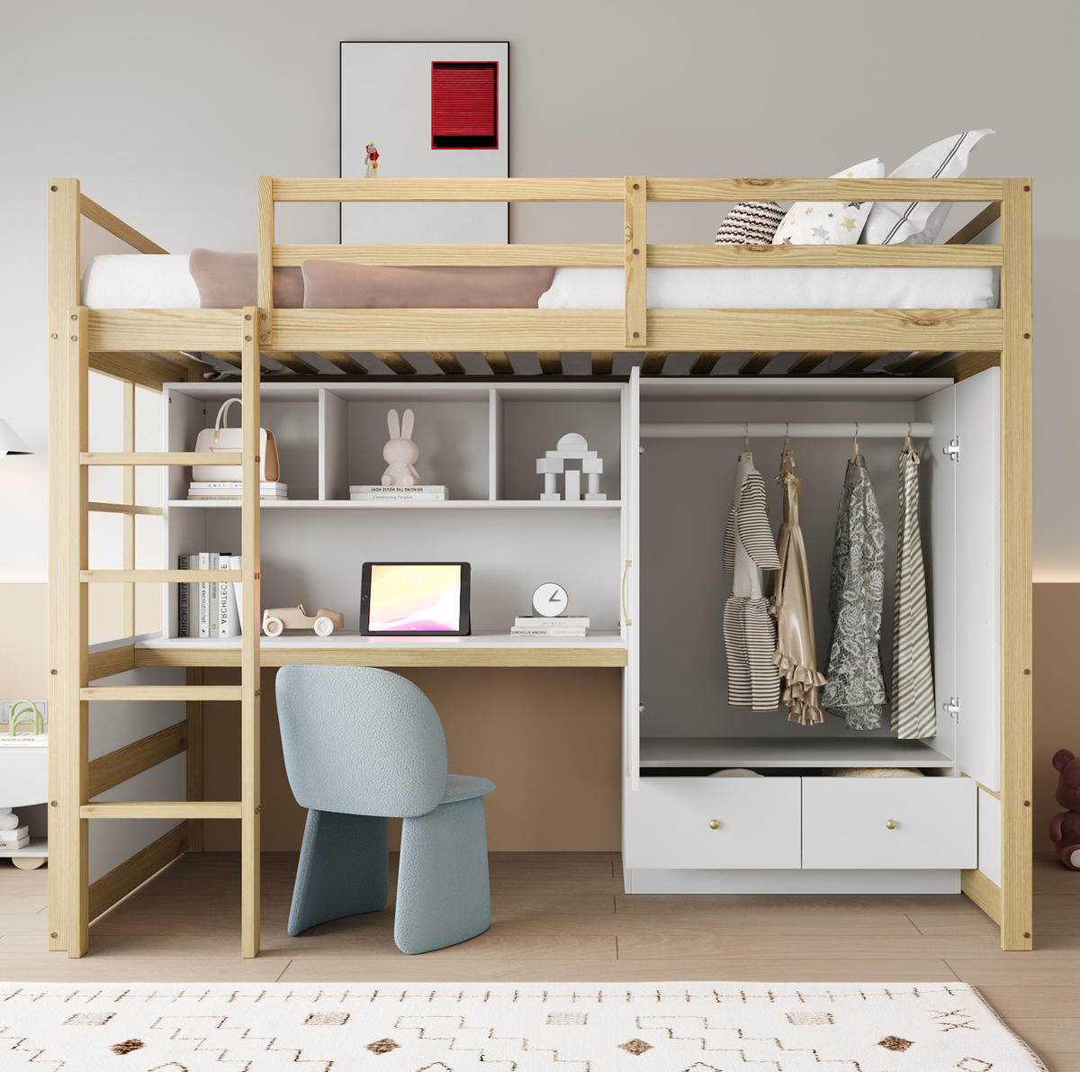 HOCHBETT 90/200 cm aus Holz mit Leiter, Schreibtisch, Naturholz - Naturfarben, Holz (90/200cm) - OKMYHOME