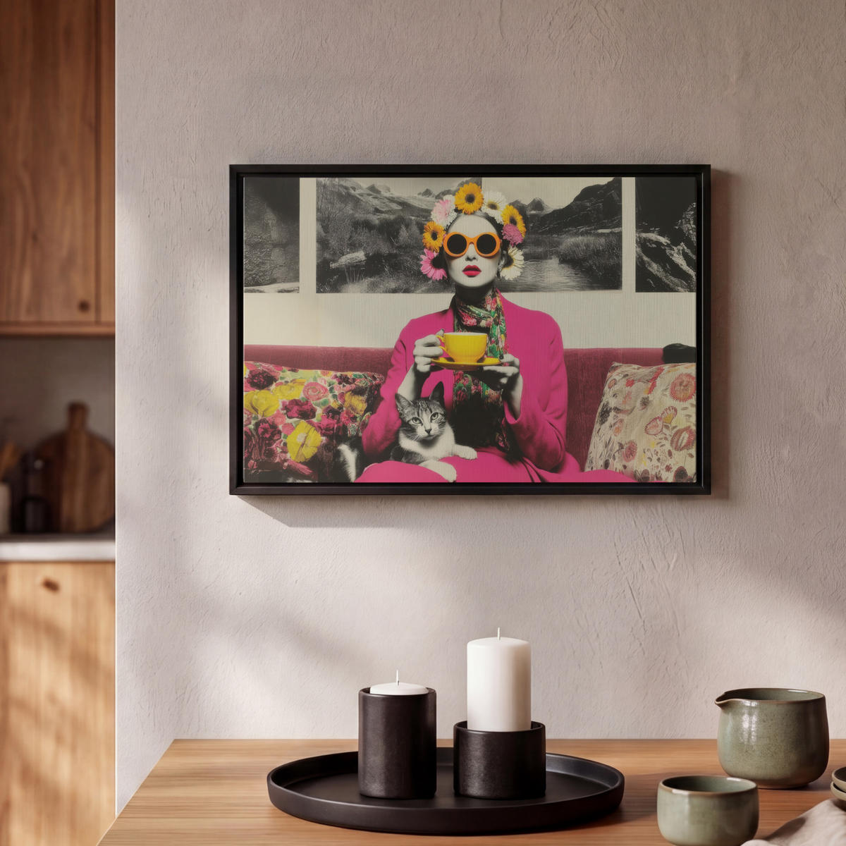 LEINWAND Bilder mit Rahmen - Frau - Katze - Blumen - Tasse - Retro - 30x20 - Magenta, Textil (30/20cm) - MuchoWow
