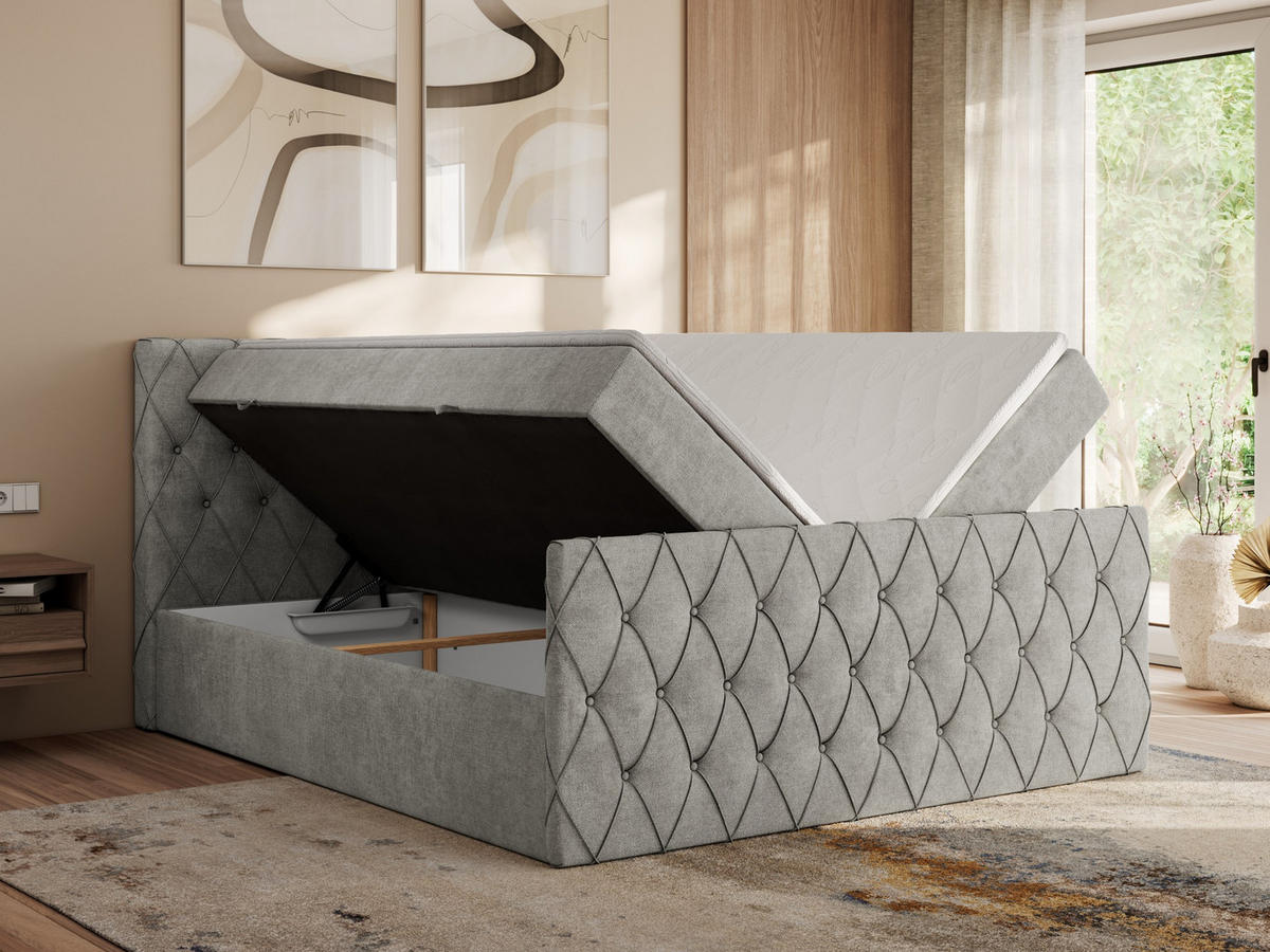 BOXBETT MIREN DUO 180/200 - Hellgrau Strukture - H3 - Hellgrau, Holz/Textil (180/200cm) - MKS