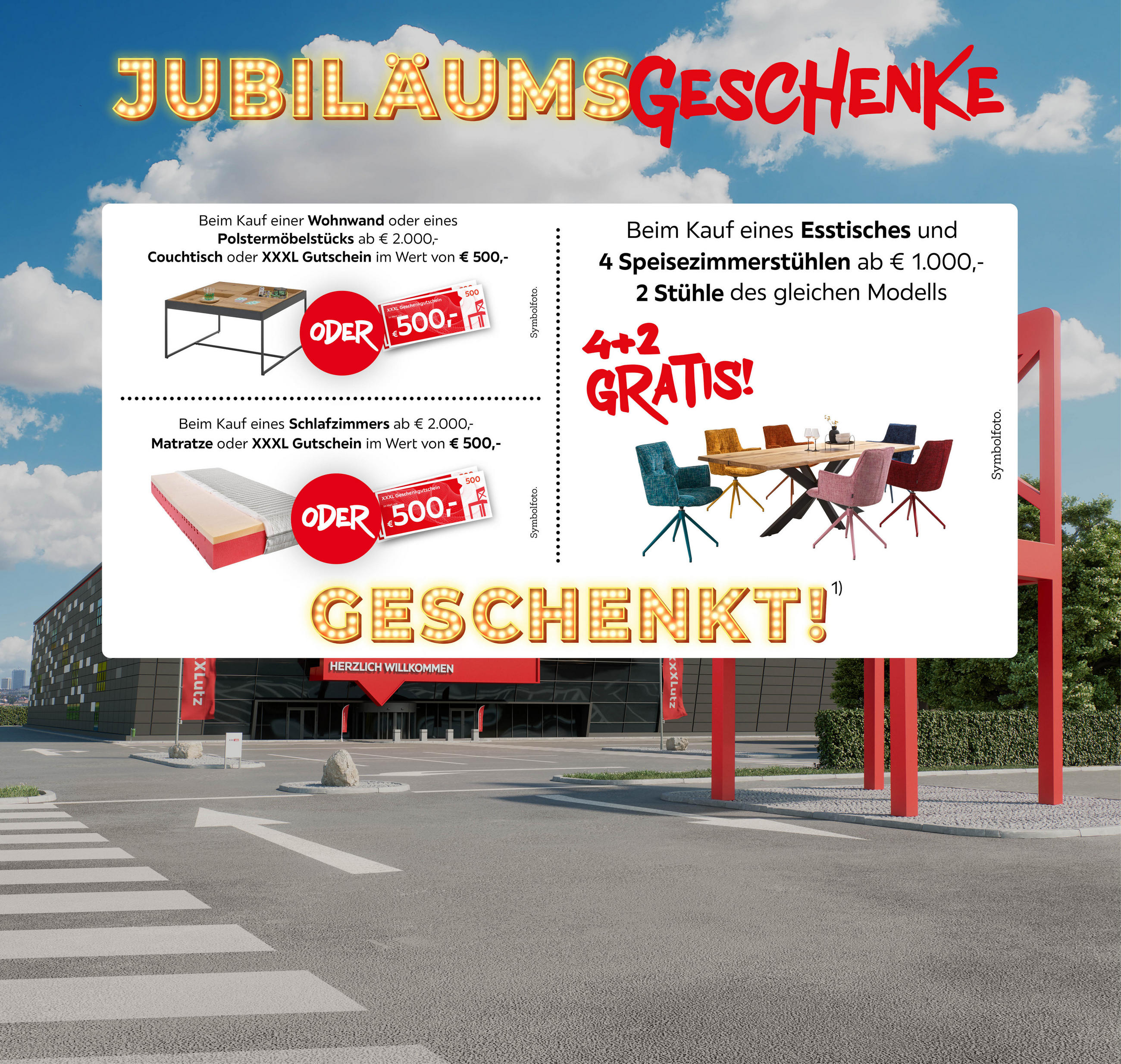 Jubiläumsgeschenke. Couchtisch im Wert von € 500,- geschenkt; 2 Stühle des gleichen Modells geschenkt; Matratze im Wert von € 500,- geschenkt.