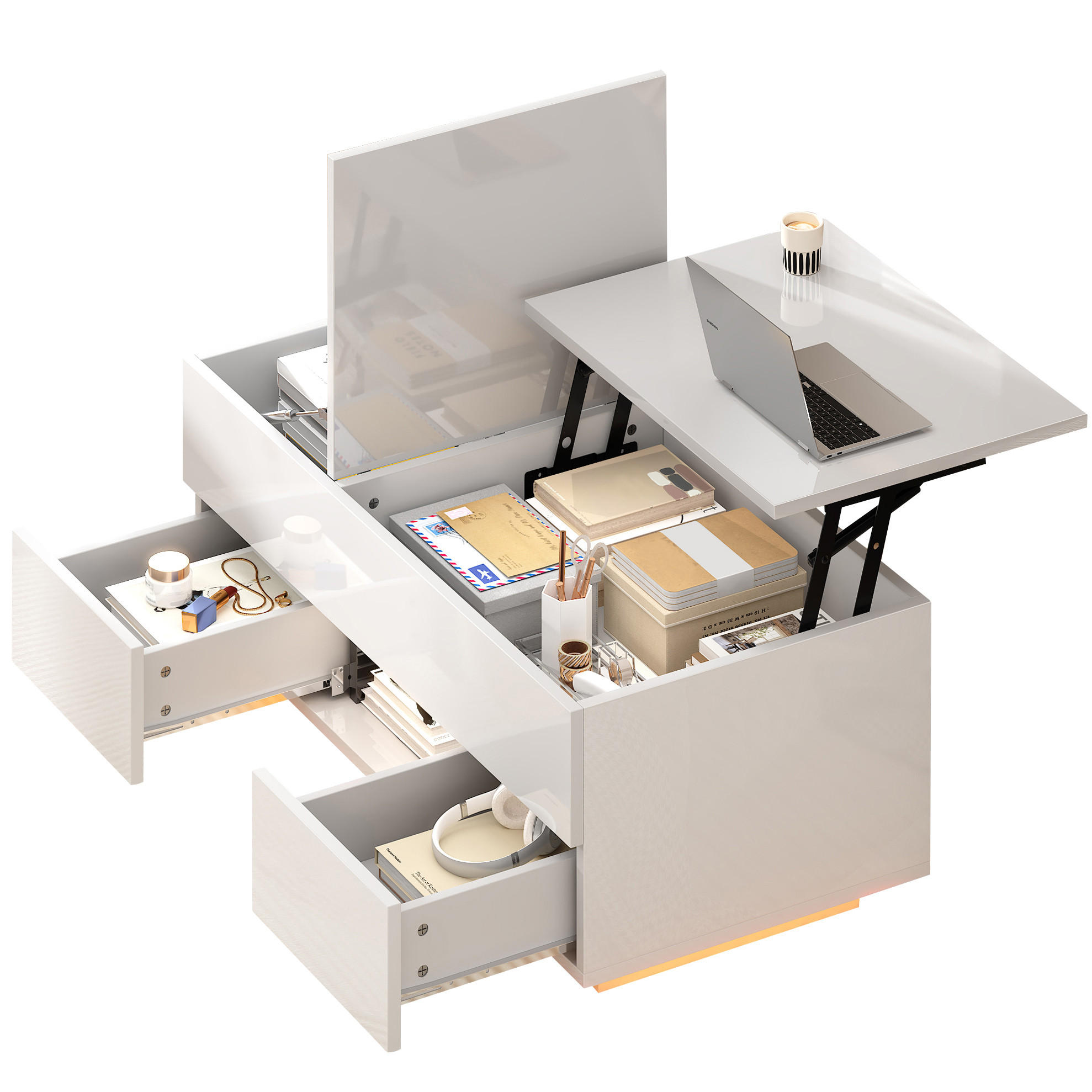 COUCHTISCH 100/45/43 cm höhenverstellbar mit klappbarer Tischplatte, 2 Schubladen, LED und Stauraum aus Spanplatte, Weiß - Weiß, Holzwerkstoff (100/45/43cm) - Redom