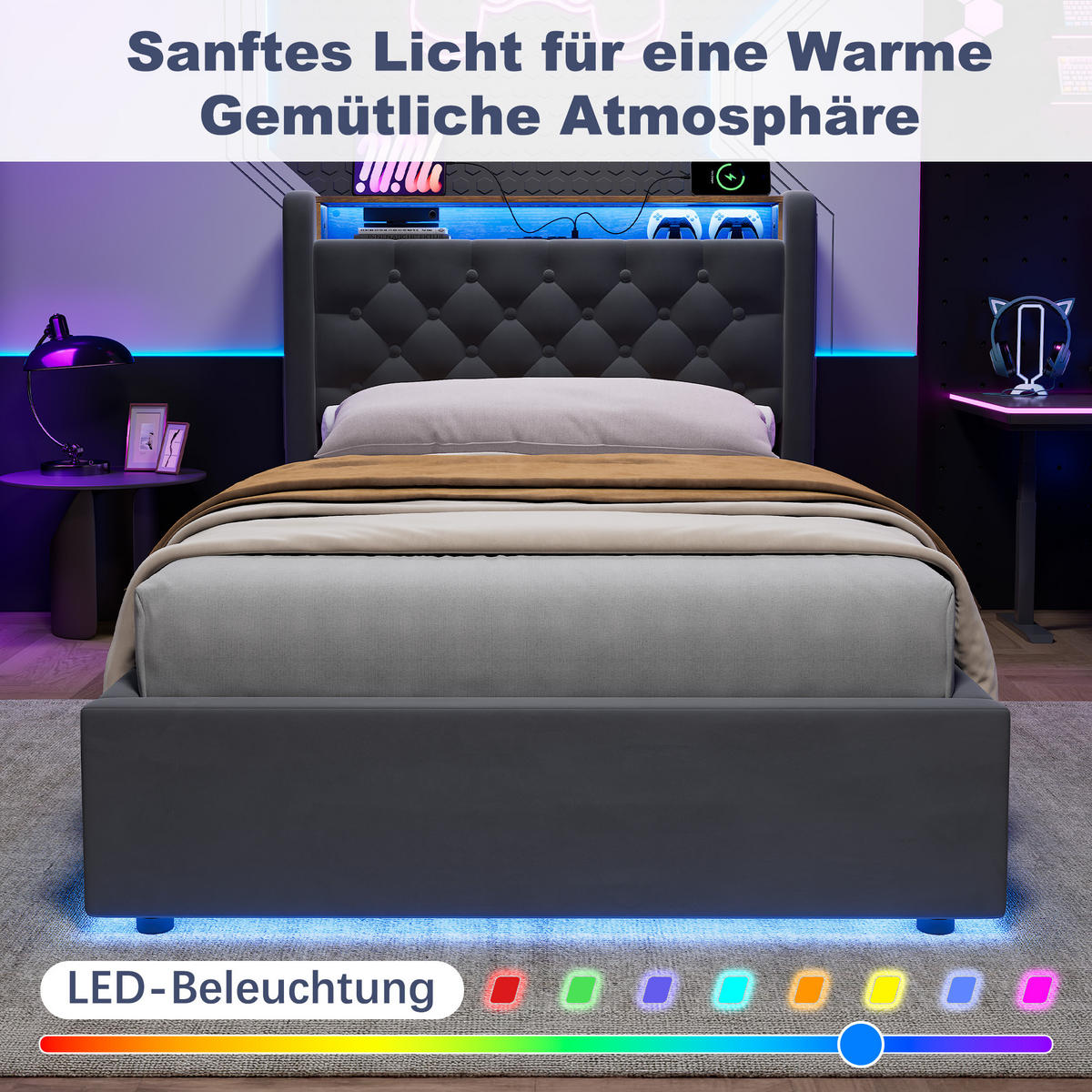 POLSTERBETT 90/200 cm in Dunkelgrau Samt mit Bettkasten, LED-Beleuchtung und USB-Anschluss - Dunkelgrau, Holzwerkstoff/Textil (90/200cm) - CHICFURN