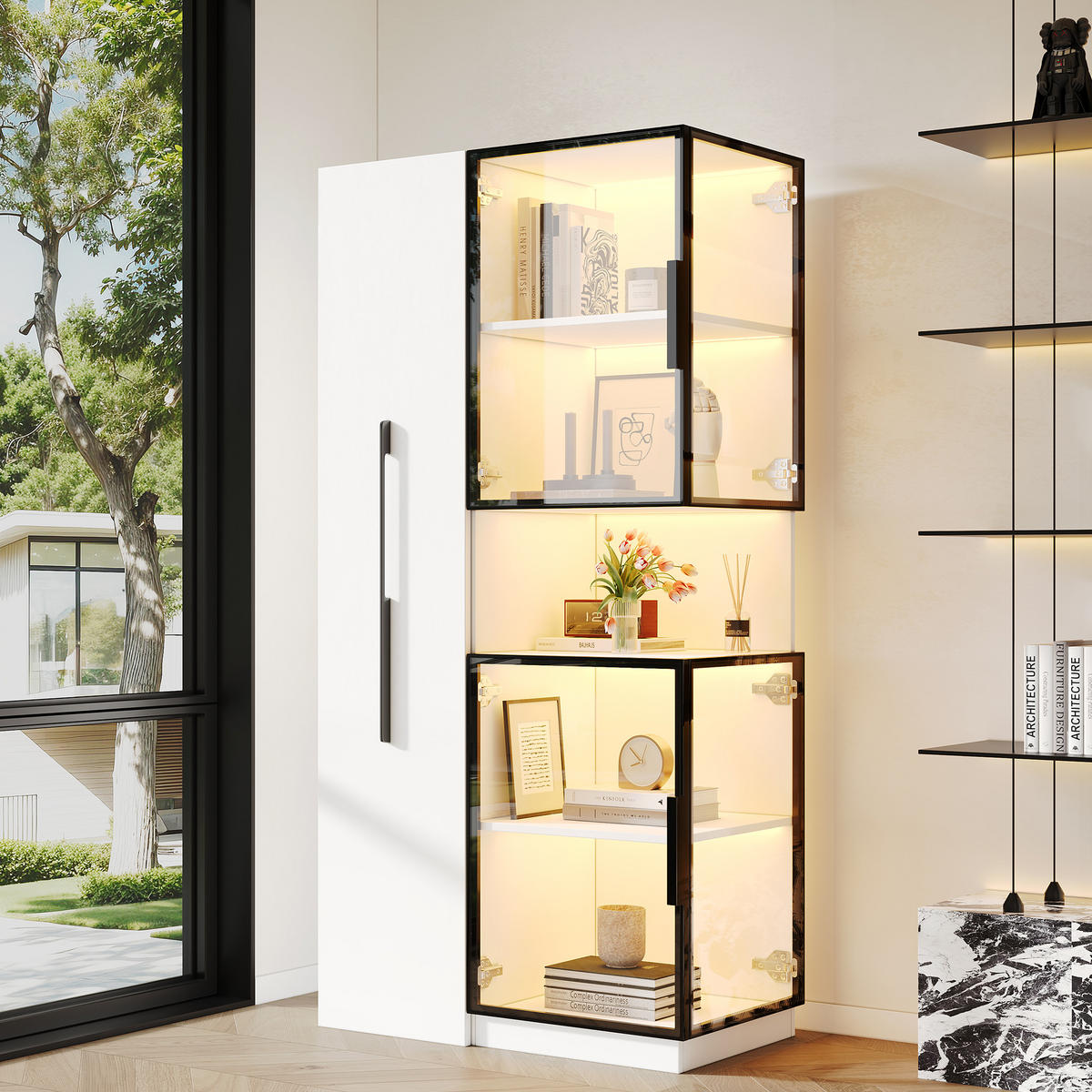 VITRINE LED Glasvitrine Ausziehregal Doppelglas 160cm - Weiß, Glas (70/160/38cm) - FLIEKS